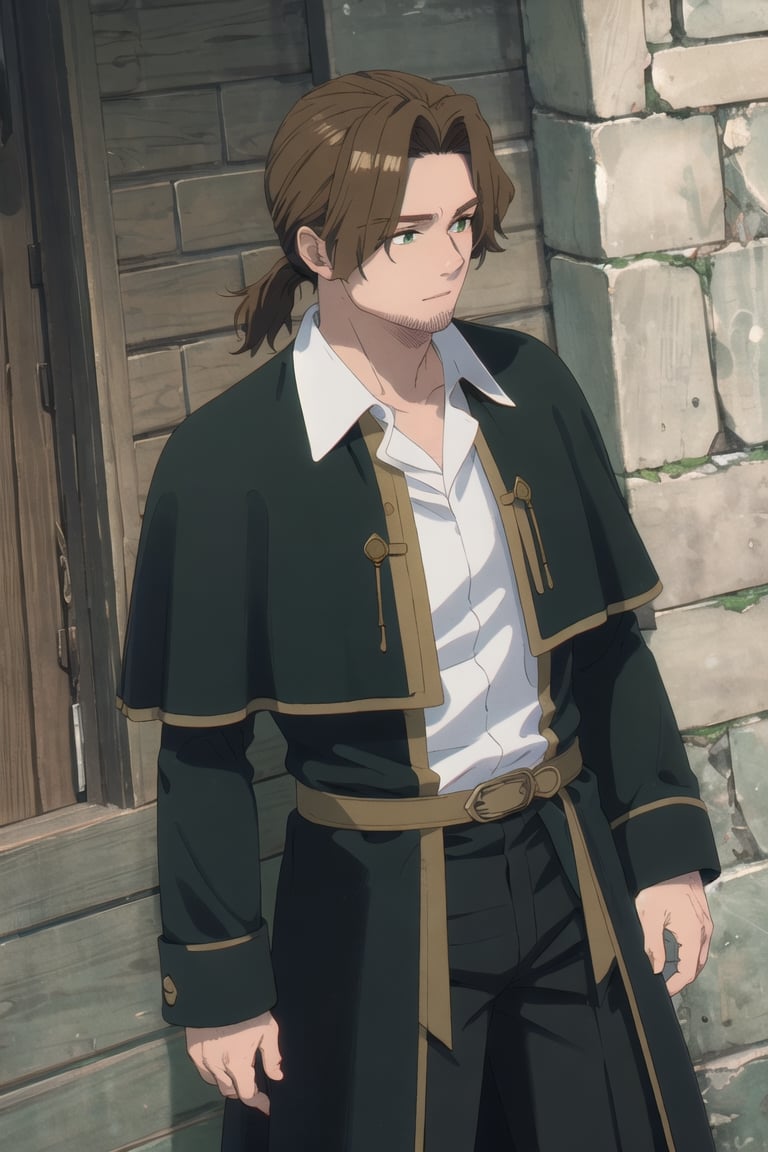 solo male, Sein \(Frieren: Beyond Journey's End\), priest, brown hair, low ponytail, parted bangs, thin hair, stubble, green eyes, white collared shirt, (shirt white hems, untucked shirt:1.3), (dark coat with a golden accent), dark capelet, dark sleeves, black pants, black footwear. open coat, mature, handsome, charming, alluring, standing, upper body, perfect anatomy, perfect proportions, best quality, masterpiece, high_resolution, dutch angle, cowboy shot, photo background, old city