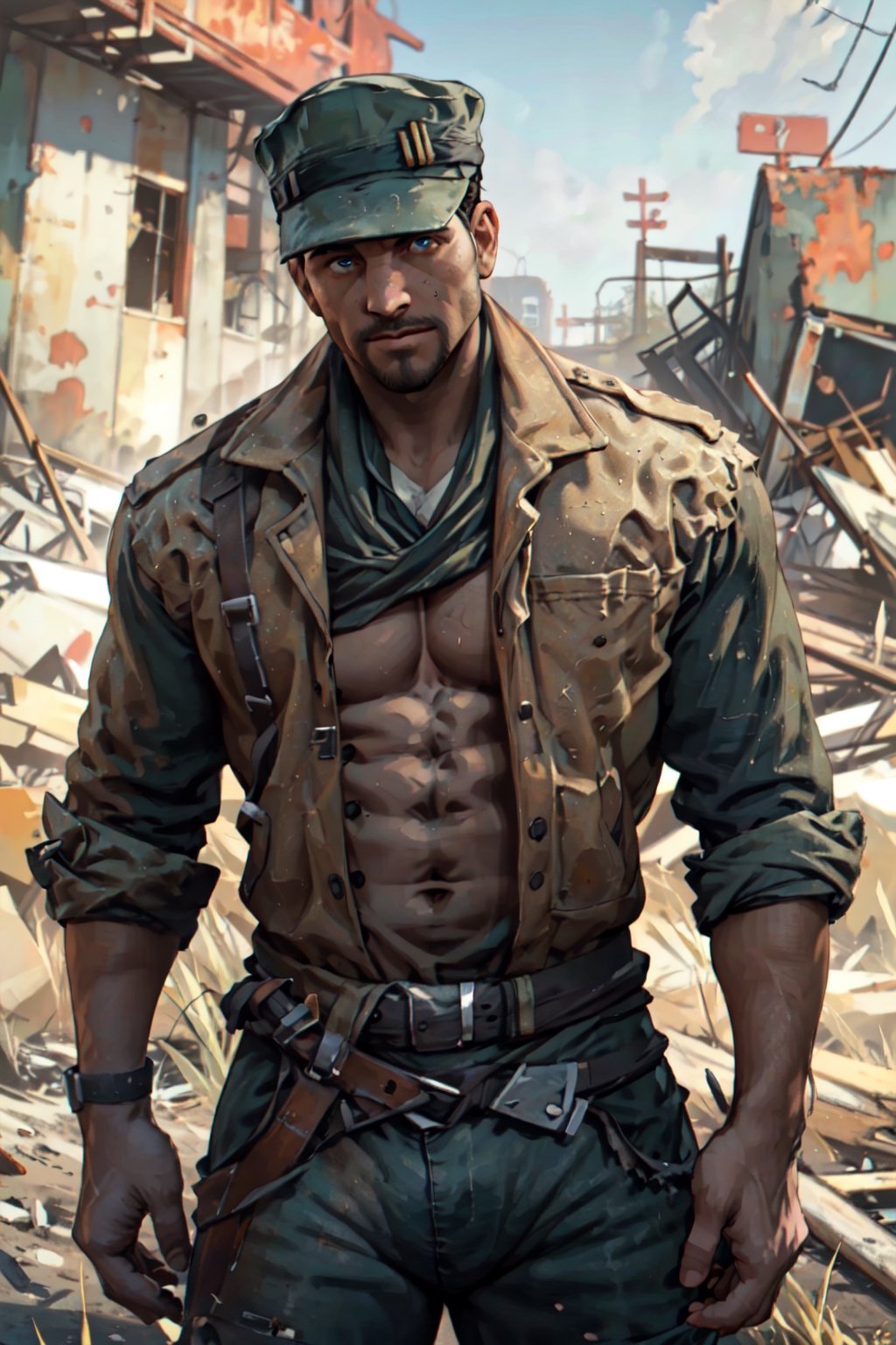 Robert MacCready, blue eyes, light brown hair, facial hair, ((topless, shirtless)), hat, military green pants, fit body, handsome, charming, alluring, shy, erotic, dashing, intense gaze, (standing), (upper body in frame), ruined overhead interstate, Fallout 4 location, post-apocalyptic ruins, desolated landscape, dark blue sky, polarising filter, perfect light, only1 image, perfect anatomy, perfect proportions, perfect perspective, 8k, HQ, (best quality:1.2, hyperrealistic:1.2, photorealistic:1.2, madly detailed CG unity 8k wallpaper:1.2, masterpiece:1.2, madly detailed photo:1.2), (hyper-realistic lifelike texture:1.2, realistic eyes:1.2), picture-perfect face, perfect eye pupil, detailed eyes, realistic, HD, UHD,(1man),s0ftabs,muscular