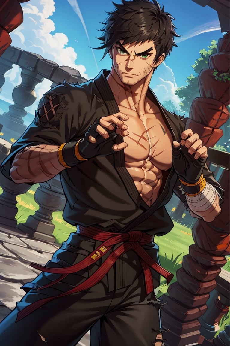 solo male, Grappler, Dungeon Fighter Online, black hair, short hair, brown eyes, thick eyebrows, forked eyebrows, stubble, green eyes, scars on face, scar on cheek, scar on chest, pectorals, pectoral cleavage, rn black dougi, black pants, red martial arts belt, yellow fingerless gloves, barefoot, bandaged hand, toned male, mature, handsome, charming, alluring, serious, fighting stance, upper body, perfect anatomy, perfect proportions, ((perfect eyes, perfect, parfect fingers)), best quality, masterpiece, high_resolution, dutch angle, cowboy shot, photo background, (looking outside)