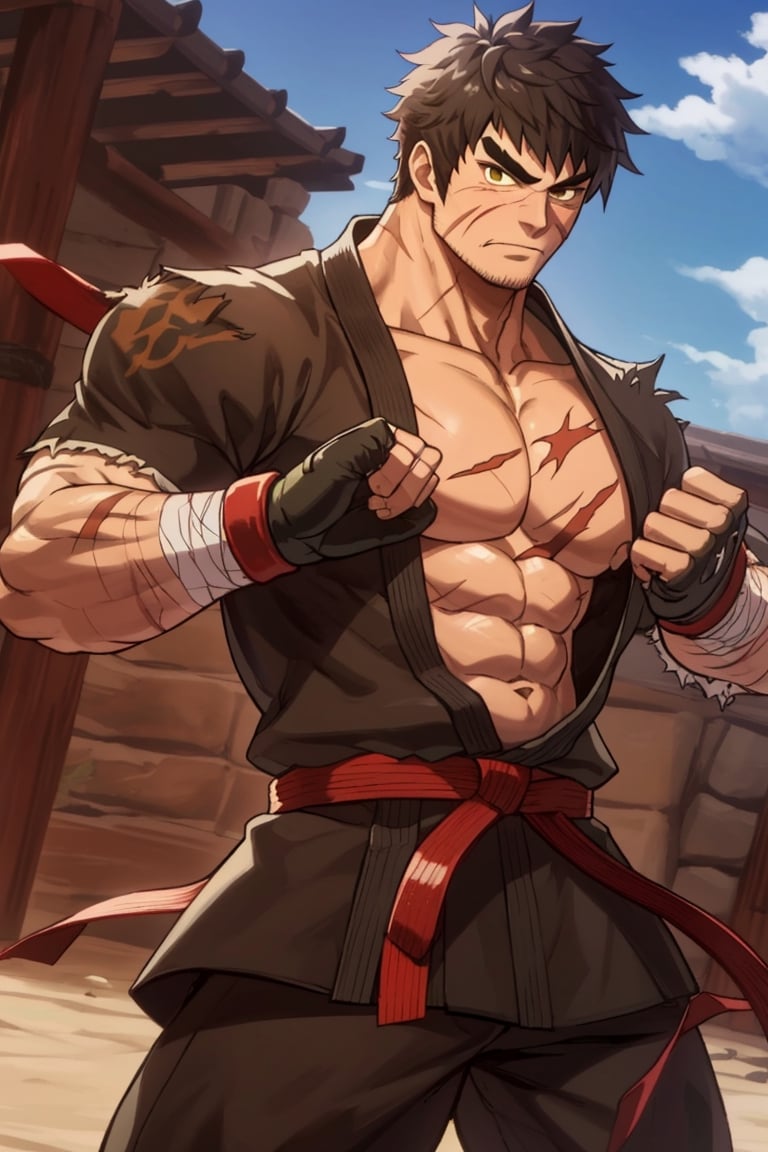 solo male, Grappler, Dungeon Fighter Online, black hair, short hair, brown eyes, thick eyebrows, forked eyebrows, stubble, green eyes, scars on face, scar on cheek, scar on chest, pectorals, pectoral cleavage, rn black dougi, black pants, red martial arts belt, yellow fingerless gloves, barefoot, bandaged hand, toned male, mature, handsome, charming, alluring, blush, shy, serious, fighting stance, upper body, perfect anatomy, perfect proportions, ((perfect eyes, perfect, parfect fingers)), best quality, masterpiece, high_resolution, dutch angle, cowboy shot, photo background, (looking outside)