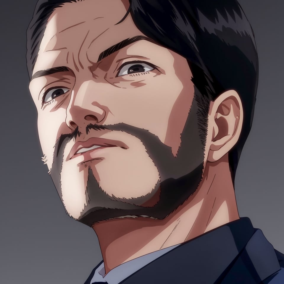 solo male, Maeda, Asobi Asobase, butler, black hair, short hair, black eyes, facial hair, dark blue 3 Piece Suit, formal, white collared shirt, red necktie, dark blue vest, dark blue jacket, dark blue pants, mature, handsome, charming, alluring, calm, polite, portrait, close-up, perfect anatomy, perfect proportions, best quality, masterpiece, high_resolution simple background, classroom,  (from below:0.9), (pathetic , disappointed:1.0), looking down, looking at viewer, pathetic \(meme\, wide angle