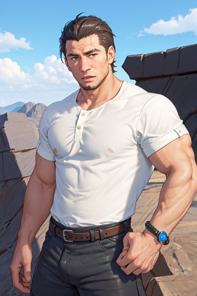 (1 image only), solo male, Kaburagi, Deca Dence, greying black hair, slicked back hair, thick eyebrows, sideburns, goatee, green eyes, scar, tucked-in wide necked short-sleeved white shirt, sleeves tucked up and buttoned, short sleeves, olive wide pants, brown boots. black belt tied. leather bracelet, toned male, mature, handsome, charming, alluring,  upper body, perfect anatomy, perfect proportions, best quality, masterpiece, high_resolution, dutch angle, cowboy shot, outdoors, day, blue sky, science fiction, photo background, (Hands:1.1), better_hands, perfect fingers,(1man)