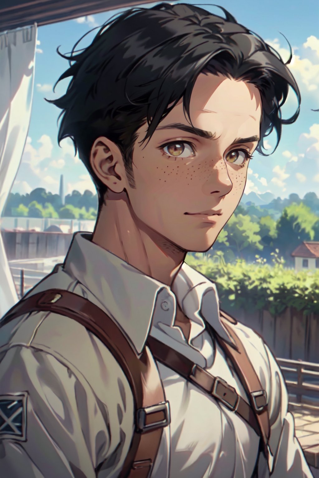 Marco Bodt, (short hair:1.2) (black hair, center-parted short hair, very short curtained hair:1.2), (bare forehead:1.2), (light brown eyes, normal size eyes), wearing pure white collared shirt, freckles, handsome, charming, alluring, friendly, (standing), (upper body in frame), simple background, green plains, cloudy blue sky, perfect light, only1 image, perfect anatomy, perfect proportions, perfect perspective, 8k, HQ, (best quality:1.5, hyperrealistic:1.5, photorealistic:1.4, madly detailed CG unity 8k wallpaper:1.5, masterpiece:1.3, madly detailed photo:1.2), (hyper-realistic lifelike texture:1.4, realistic eyes:1.2), picture-perfect face, perfect eye pupil, detailed eyes, realistic, HD, UHD, (front view:1.2), portrait, looking outside frame, AttackonTitan