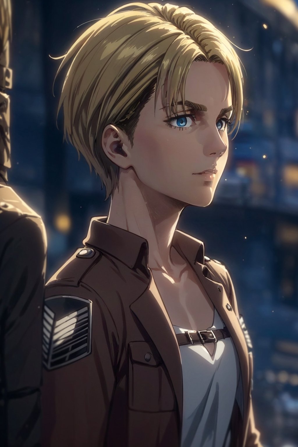 1girl, solo, Nanaba, Attack on Titan, blue eyes, wore standard Survey Corps uniform with a light-colored v-neck underneath, (blond hair, short hair), petite build, beautiful, handsome female, charming, alluring, gentle expression, soft expression, calm, smile (standing), (upper body in frame), simple background, grey stone crenellation, dark blue sky, early mornig, daylight, dawn light, cinematic light, perfect anatomy, perfect proportions, 8k, HQ, HD, UHD, (best quality:1.5, hyperrealistic:1.5, photorealistic:1.4, madly detailed CG unity 8k wallpaper:1.5, masterpiece:1.3, madly detailed photo:1.2), (hyper-realistic lifelike texture:1.4, realistic eyes:1.2), picture-perfect face, perfect eye pupil, detailed eyes, dynamic, (dutch angle), (side view), AttackonTitan,perfecteyes, Nanaba,1 girl