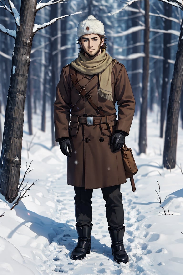 (human), (1 image only), solo male, Vasily Pavlichenko, Golden Kamuy, Russian, sniper, brown hair, blue eyes, sharp eyes, defined eyelashes, furrowed brow, grin, wavy medium-length hair, bold sideburns, short and neat Shenandoah beard, lightly-colored coat, dark gloves, scarf, pants, boots, crossbody bag, handsome, charming, alluring, perfect anatomy, perfect proportions, 2d, anime, (best quality, masterpiece), (perfect eyes, perfect eye pupil), high_resolution, dutch angle, snowy forest, better_hands, tall wool cap, papakha, ushanka, dynamic,action