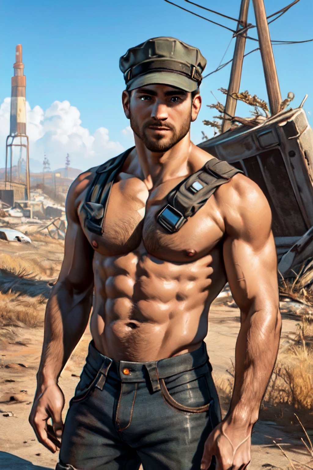 Robert MacCready, blue eyes, light brown hair, facial hair, ((topless, shirtless)), hat, pants, fit body, handsome, charming, alluring, shy, erotic, dashing, intense gaze, (standing), (upper body in frame), ruined overhead interstate, Fallout 4 location, post-apocalyptic ruins, desolated landscape, dark blue sky, polarising filter, perfect light, only1 image, perfect anatomy, perfect proportions, perfect perspective, 8k, HQ, (best quality:1.2, hyperrealistic:1.2, photorealistic:1.2, madly detailed CG unity 8k wallpaper:1.2, masterpiece:1.2, madly detailed photo:1.2), (hyper-realistic lifelike texture:1.2, realistic eyes:1.2), picture-perfect face, perfect eye pupil, detailed eyes, realistic, HD, UHD, s0ftabs, (bare arms, bare shoulders, bare chest:1.5)