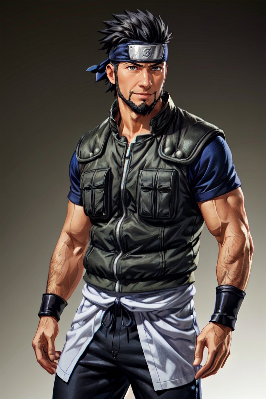 Asuma Sarutobi, Japanese, brown eyes, olive skin, short black spiky hair, beard on chin and cheekbone, (shaved philtrum, hairless philtrum), laid-back individual, dashing, smile, shinobi sandals, forehead protector, clothing, wore a white short-sleeved shirt with a blue and black collar over chain-mail armour, simple military green vest, black pants, fit body, handsome, charming, alluring, intense gaze, (standing), (upper body in frame), naruto background, perfect light, perfect anatomy, perfect proportions, perfect perspective, 8k, HQ, (best quality:1.2, hyperrealistic:1.2, photorealistic:1.2, madly detailed CG unity 8k wallpaper:1.2, masterpiece:1.2, madly detailed photo:1.2), (hyper-realistic lifelike texture:1.2, realistic eyes:1.2), picture-perfect face, perfect eye pupil, detailed eyes, realistic, HD, UHD, front view, dutch angle
