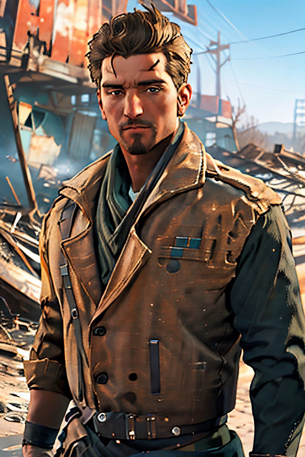 Robert MacCready, blue eyes, light brown hair, facial hair, tan duster coat, ammo pouches, long-sleeved, white undershirt, military green scarf, military green pants, fit body, handsome, charming, alluring, dashing, intense gaze, (standing), (upper body in frame), ruined overhead interstate, Fallout 4 location, post-apocalyptic ruins, desolated landscape, dark blue sky, polarising filter, perfect light, only1 image, perfect anatomy, perfect proportions, perfect perspective, 8k, HQ, (best quality:1.5, hyperrealistic:1.5, photorealistic:1.4, madly detailed CG unity 8k wallpaper:1.5, masterpiece:1.3, madly detailed photo:1.2), (hyper-realistic lifelike texture:1.4, realistic eyes:1.2), picture-perfect face, perfect eye pupil, detailed eyes, realistic, HD, UHD, (front view:1.2), portrait, looking outside frame