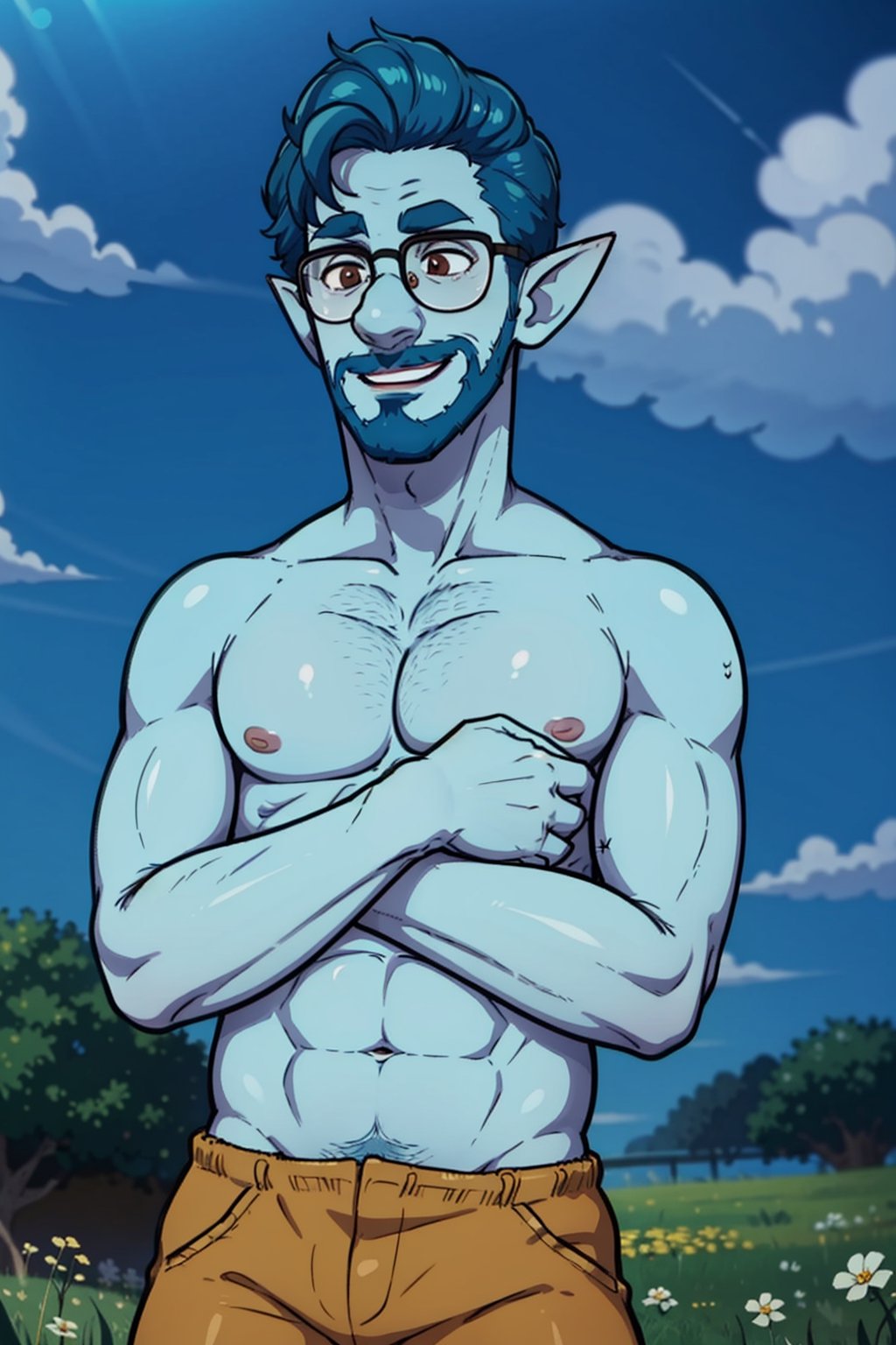(1 image only), solo male, Wilden Lightfoot, Pixar Animation Onward, (blue skin:1.2), dark blue hair, short hair, brown eyes, thick eyebrows, pointy ears, facial hair, beard, black-framed-glasses, (topless, shirtless:1.2), khaki pants, mature, bara, dilf, handsome, charming, alluring, smile, standing, upper body, perfect anatomy, perfect proportions, (best quality, masterpiece), (perfect eyes, perfect eye pupil), perfect hands, high_resolution, dutch angle, cowboy shot, green field,Anime