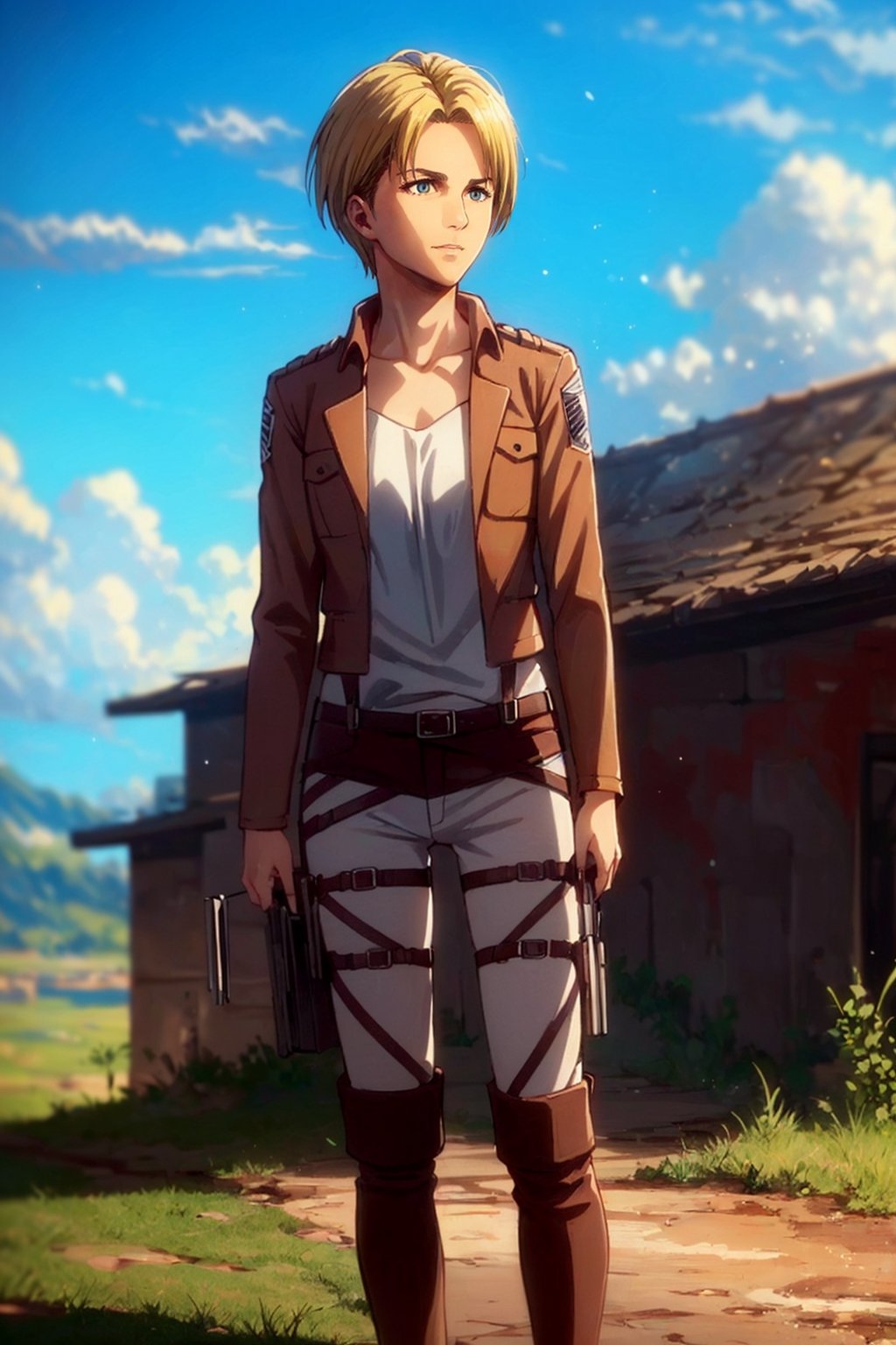 1girl, solo, Nanaba, Attack on Titan, blue eyes, wore standard Survey Corps uniform with a light-colored v-neck underneath, (blond hair, short hair), petite build, beautiful, handsome female, charming, alluring, gentle expression, soft expression, calm, smile (standing), (full body in frame), simple background, green plains, sky, early mornig, daylight, dawn light, cinematic light, perfect anatomy, perfect proportions, 8k, HQ, HD, UHD, (best quality:1.5, hyperrealistic:1.5, photorealistic:1.4, madly detailed CG unity 8k wallpaper:1.5, masterpiece:1.3, madly detailed photo:1.2), (hyper-realistic lifelike texture:1.4, realistic eyes:1.2), picture-perfect face, perfect eye pupil, detailed eyes, dynamic, (dutch angle), (side view), AttackonTitan,perfecteyes, Nanaba,1 girl