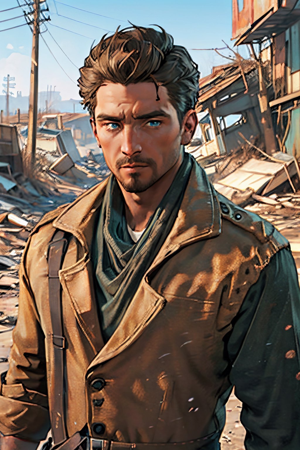 Robert MacCready, blue eyes, light brown hair, facial hair, tan duster coat, ammo pouches, long-sleeved, white undershirt, military green scarf, military green pants, fit body, handsome, charming, alluring, dashing, intense gaze, (standing), (upper body in frame), ruined overhead interstate, Fallout 4 location, post-apocalyptic ruins, desolated landscape, dark blue sky, polarising filter, perfect light, only1 image, perfect anatomy, perfect proportions, perfect perspective, 8k, HQ, (best quality:1.5, hyperrealistic:1.5, photorealistic:1.4, madly detailed CG unity 8k wallpaper:1.5, masterpiece:1.3, madly detailed photo:1.2), (hyper-realistic lifelike texture:1.4, realistic eyes:1.2), picture-perfect face, perfect eye pupil, detailed eyes, realistic, HD, UHD, (front view:1.2), portrait, looking outside frame