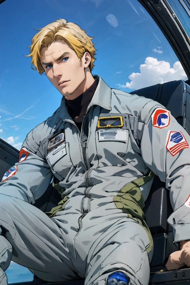 solo male, Lewis Smith \(Brave Bang Bravern\), ((blond hair)), short hair, blue eyes, (((grey pilot jumpsuit, gray pilot  jumpsuit, grey sleeves))), black boots, mature, handsome, charming, alluring, muscular, beefy, sitting,  mecha cockpit, standing, upper body, perfect anatomy, perfect proportions, best quality, masterpiece, high_resolution, dutch angle, photo background, sky, science fiction, mecha
