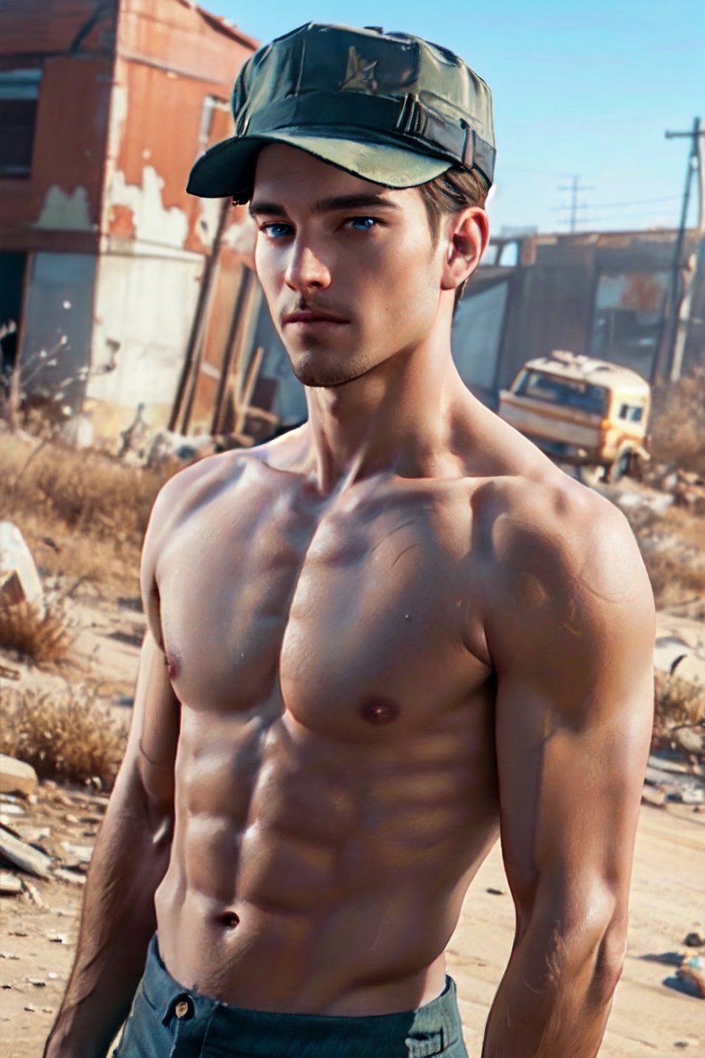 Robert MacCready, blue eyes, light brown hair, facial hair, (complete topless, shirtless:1.5), hat, pants, fit body, handsome, charming, alluring, shy, erotic, dashing, intense gaze, (standing), (upper body in frame), ruined overhead interstate, Fallout 4 location, post-apocalyptic ruins, desolated landscape, dark blue sky, polarising filter, perfect light, only1 image, perfect anatomy, perfect proportions, perfect perspective, 8k, HQ, (best quality:1.2, hyperrealistic:1.2, photorealistic:1.2, madly detailed CG unity 8k wallpaper:1.2, masterpiece:1.2, madly detailed photo:1.2), (hyper-realistic lifelike texture:1.2, realistic eyes:1.2), picture-perfect face, perfect eye pupil, detailed eyes, realistic, HD, UHD, s0ftabs, (bare arms, bare shoulders, bare chest, bare neck:1.5), dutch_angle, side_view 