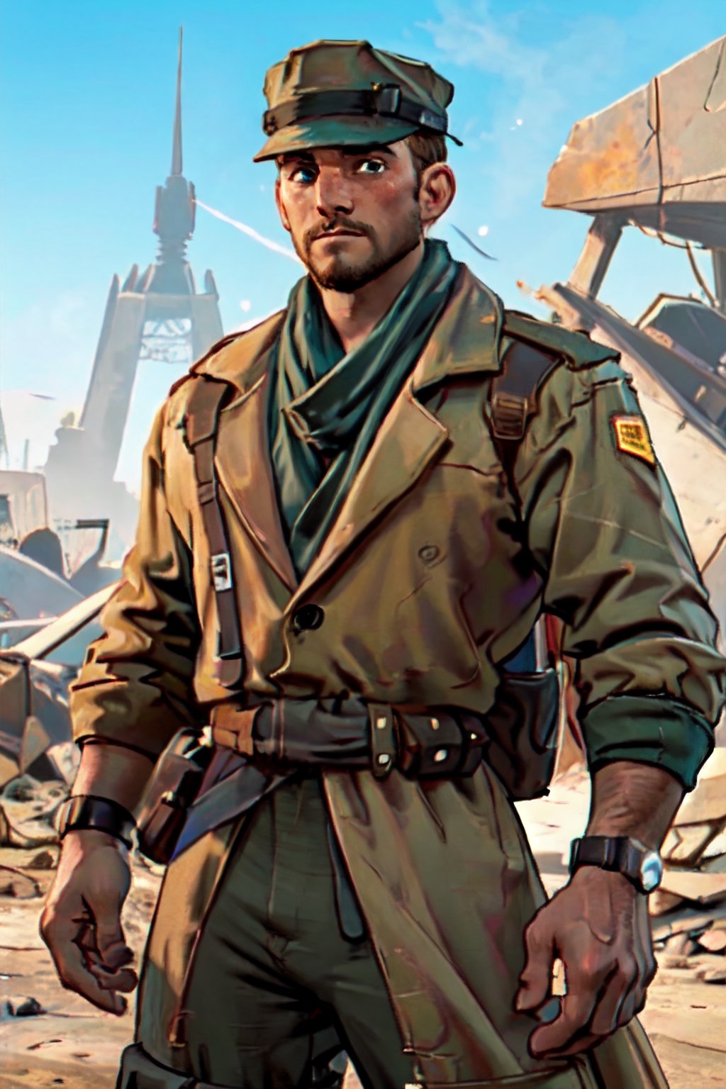 Robert MacCready, blue eyes, light brown hair, facial hair, tan duster coat, (hat:1.2), ammo pouches, long-sleeved, white undershirt, military green scarf, military green pants, fit body, handsome, charming, alluring, dashing, intense gaze, (standing), (upper body in frame), ruined overhead interstate, Fallout 4 location, post-apocalyptic ruins, desolated landscape, dark blue sky, polarising filter, perfect light, only1 image, perfect anatomy, perfect proportions, perfect perspective, 8k, HQ, (best quality:1.2, hyperrealistic:1.2, photorealistic:1.2, madly detailed CG unity 8k wallpaper:1.2, masterpiece:1.2, madly detailed photo:1.2), (hyper-realistic lifelike texture:1.2, realistic eyes:1.2), picture-perfect face, perfect eye pupil, detailed eyes, realistic, HD, UHD, (front view:1.2), portrait, looking outside frame,(1man)
