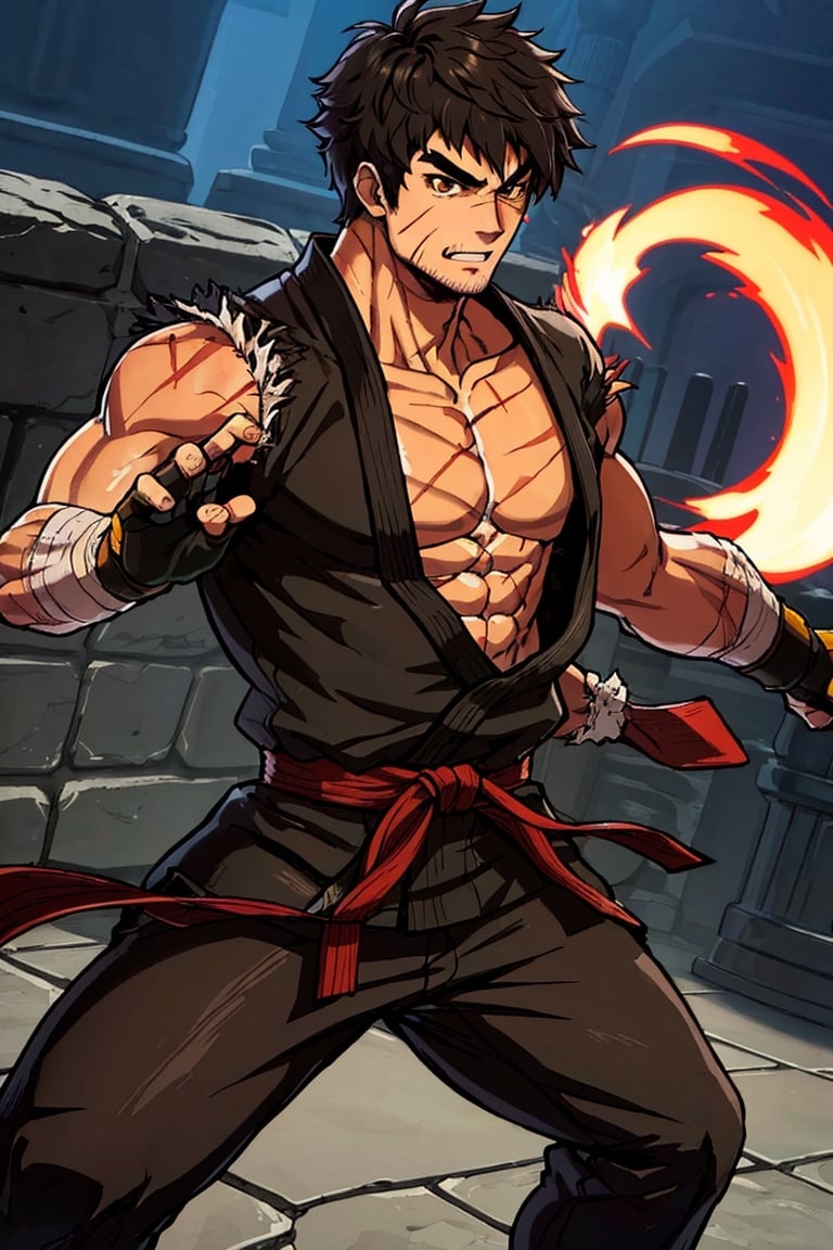 solo male, Grappler, Dungeon Fighter Online, black hair, short hair, brown eyes, thick eyebrows, forked eyebrows, stubble, green eyes, scars on face, scar on cheek, scar on chest, pectorals, pectoral cleavage, rn black dougi, black martial arts pants, red martial arts belt, yellow fingerless gloves, barefoot, bandaged hand, toned male, mature, handsome, charming, alluring, erotic, blush, shy, fighting stance
, upper body, perfect anatomy, perfect proportions, ((perfect eyes, perfect, parfect fingers)), best quality, masterpiece, high_resolution, dutch angle, photo background,1guy