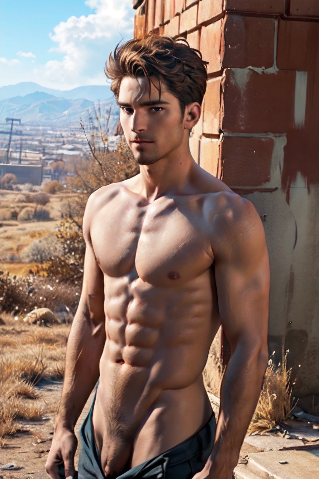Robert MacCready, blue eyes, light brown hair, (facial hair), (complete topless, shirtless, bottomless, nude:1.5), fit body, handsome, charming, alluring, shy, erotic, dashing, intense gaze, (standing), (upper body in frame), ruined overhead interstate, Fallout 4 location, post-apocalyptic ruins, desolated landscape, dark blue sky, polarising filter, perfect light, only1 image, perfect anatomy, perfect proportions, perfect perspective, 8k, HQ, (best quality:1.2, hyperrealistic:1.2, photorealistic:1.2, madly detailed CG unity 8k wallpaper:1.2, masterpiece:1.2, madly detailed photo:1.2), (hyper-realistic lifelike texture:1.2, realistic eyes:1.2), picture-perfect face, perfect eye pupil, detailed eyes, realistic, HD, UHD, s0ftabs, (bare arms, bare shoulders, bare chest, bare neck:1.5), dutch_angle, side_view 