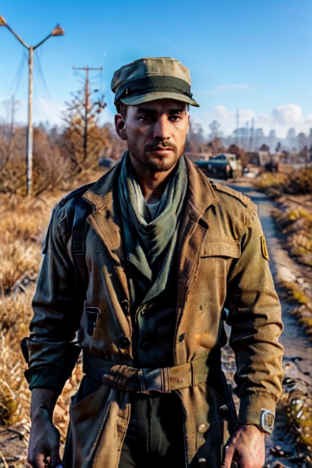 Robert MacCready, blue eyes, light brown hair, facial hair, tan duster coat, (hat:1.2), ammo pouches, long-sleeved, white undershirt, military green scarf, military green pants, fit body, handsome, charming, alluring, dashing, intense gaze, (standing), (upper body in frame), ruined overhead interstate, Fallout 4 location, post-apocalyptic ruins, desolated landscape, dark blue sky, polarising filter, perfect light, only1 image, perfect anatomy, perfect proportions, perfect perspective, 8k, HQ, (best quality:1.2, hyperrealistic:1.2, photorealistic:1.2, madly detailed CG unity 8k wallpaper:1.2, masterpiece:1.2, madly detailed photo:1.2), (hyper-realistic lifelike texture:1.2, realistic eyes:1.2), picture-perfect face, perfect eye pupil, detailed eyes, realistic, HD, UHD, (front view:1.2), portrait, looking outside frame,(1man)