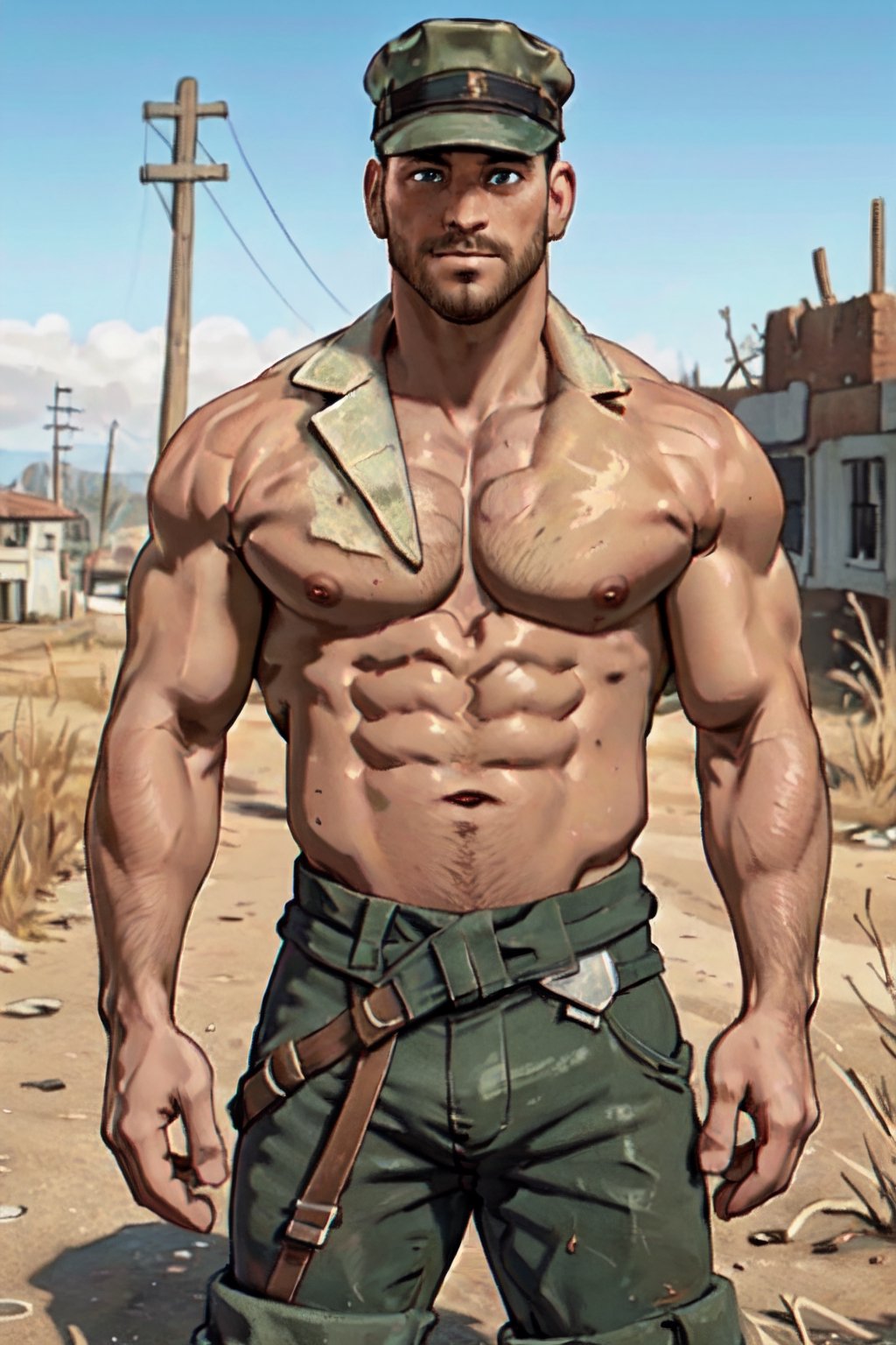 Robert MacCready, blue eyes, light brown hair, facial hair, ((topless, shirtless)), hat, military green pants, fit body, handsome, charming, alluring, shy, erotic, dashing, intense gaze, (standing), (upper body in frame), ruined overhead interstate, Fallout 4 location, post-apocalyptic ruins, desolated landscape, dark blue sky, polarising filter, perfect light, only1 image, perfect anatomy, perfect proportions, perfect perspective, 8k, HQ, (best quality:1.2, hyperrealistic:1.2, photorealistic:1.2, madly detailed CG unity 8k wallpaper:1.2, masterpiece:1.2, madly detailed photo:1.2), (hyper-realistic lifelike texture:1.2, realistic eyes:1.2), picture-perfect face, perfect eye pupil, detailed eyes, realistic, HD, UHD,(1man),s0ftabs