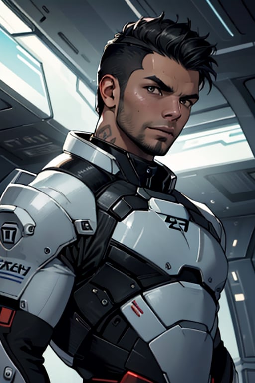 James Vega, solo, short hair, black hair, brown eyes, tan skin, facial hair, 1boy, tatoo, topless, shirtless, muscular, shiny skun handsome, charming, alluring, intense gaze, standing, (upper body in frame), Mass Effect location, futuristic, space ship, dark atmosphere, cinematic light, perfect anatomy, perfect proportions, perfect perspective, 8k, HQ, HD, UHD, (best quality:1.2, hyperrealistic:1.2, photorealistic:1.2, madly detailed CG unity 8k wallpaper:1.2, masterpiece:1.2, madly detailed photo:1.2), (hyper-realistic lifelike texture:1.2, realistic eyes:1.2), picture-perfect face, perfect eye pupil, detailed eyes, front view