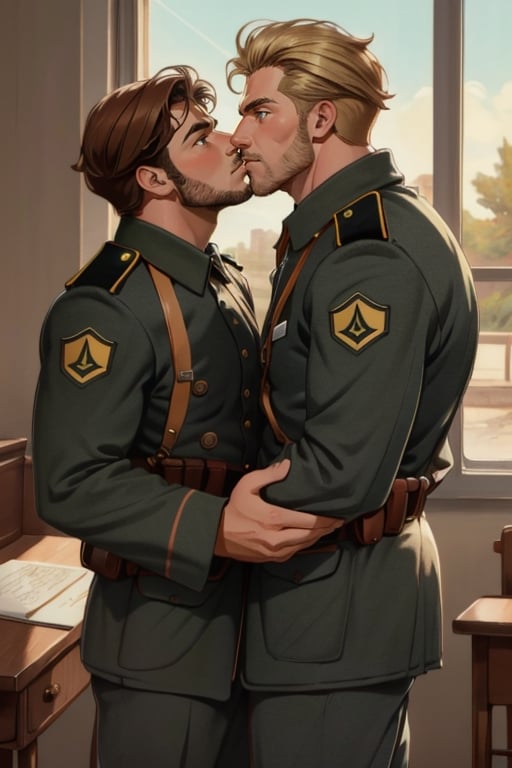((2peoplei)), 1 mature man giver(brown hair),1 mature dad receiver(blond hair), looking each other, ((uniform)), short hair, stubble, dilf, different hair style, different hair color, different face, makeout, eye contact, gay, homo, charming, alluring, seductive, highly detailed face, detailed eyes, perfect light, 1910s military office room, retro, (best quality), (8k), (masterpiece), best quality, 1 image, ww1ger,  rugged, manly, hunk, perfect anatomy, perfect proportions, perfect perspective, mature, kiss