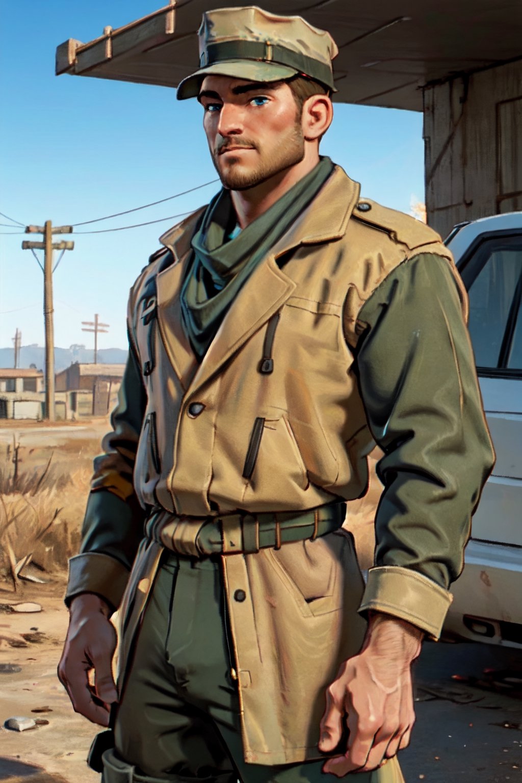 Robert MacCready, blue eyes, light brown hair, facial hair, tan duster coat, (hat:1.2), ammo pouches, long-sleeved, white undershirt, military green scarf, military green pants, fit body, handsome, charming, alluring, dashing, intense gaze, (standing), (upper body in frame), ruined overhead interstate, Fallout 4 location, post-apocalyptic ruins, desolated landscape, dark blue sky, polarising filter, perfect light, only1 image, perfect anatomy, perfect proportions, perfect perspective, 8k, HQ, (best quality:1.2, hyperrealistic:1.2, photorealistic:1.2, madly detailed CG unity 8k wallpaper:1.2, masterpiece:1.2, madly detailed photo:1.2), (hyper-realistic lifelike texture:1.2, realistic eyes:1.2), picture-perfect face, perfect eye pupil, detailed eyes, realistic, HD, UHD, (front view:1.2), portrait, looking outside frame,(1man)