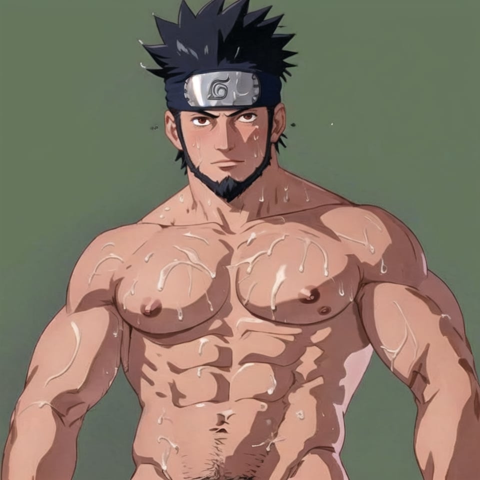 score_9, score_8_up, score_7_up, mns-pose, 1boy, solo, male focus, (Asuma Sarutobi , brown eyes, olive skin, short black spiky hair, jawline beard), forehead protector, masculine, topless, nude, sweaty, wet, shiny skin, looking at viewer, horny, blush, looking down, from below, upper body, close-up, nipples, nipple slip, large pectorals, pectoral focus, sidepec, nude, muscular, muscular male, bara, simple background, (perfect eyes:1.1)