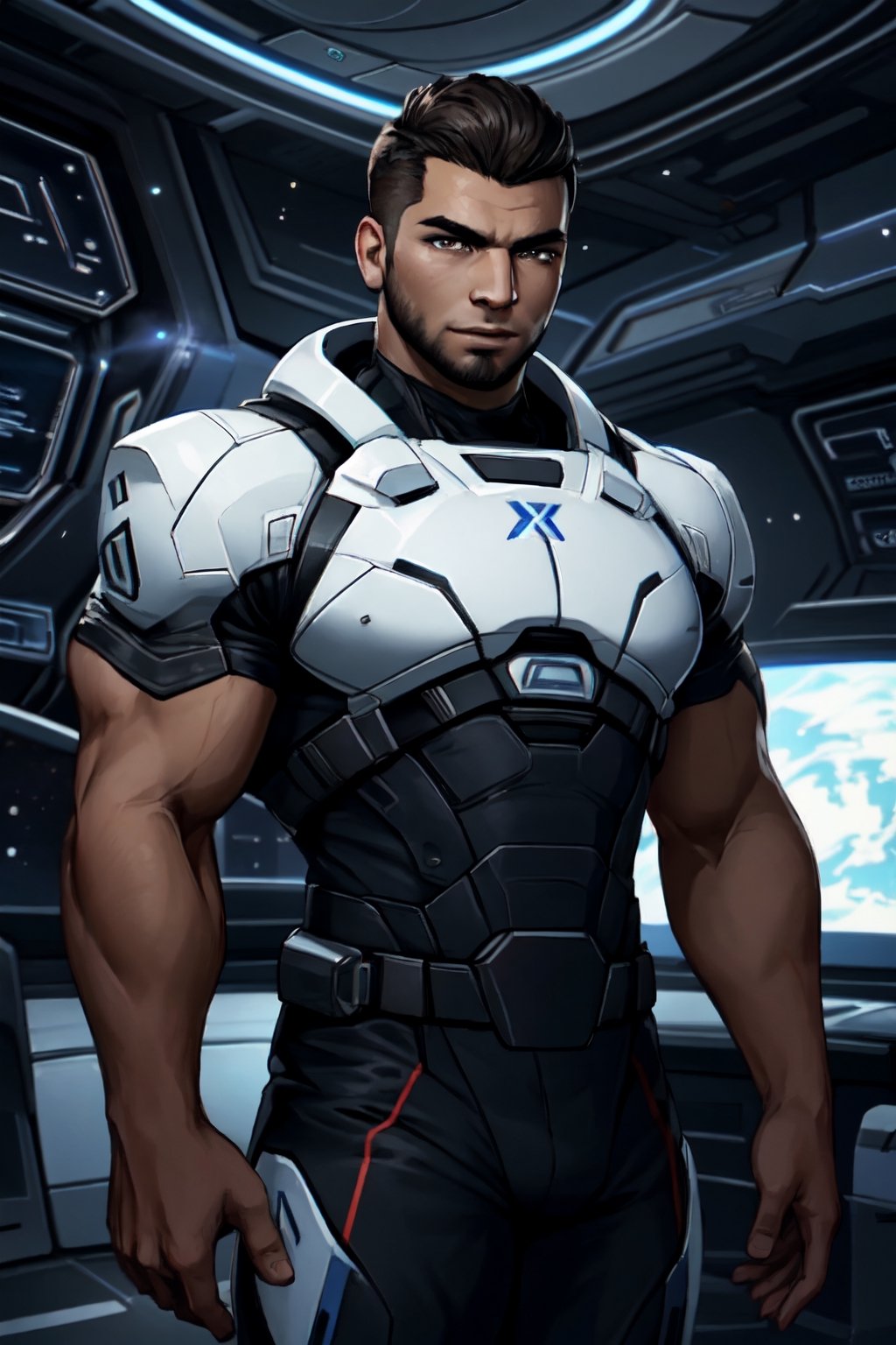 James Vega, solo, extreme short mohawk hair, black hair, brown eyes, tan skin, facial hair, 1boy, tatoo, (fit pure white undershirt:1.2), muscular, bulky, shiny skin, handsome, charming, alluring, intense gaze, standing, (upper body in frame), Mass Effect location, futuristic, space ship, dark atmosphere, cinematic light, perfect anatomy, perfect proportions, perfect perspective, 8k, HQ, HD, UHD, (best quality:1.2, hyperrealistic:1.2, photorealistic:1.2, madly detailed CG unity 8k wallpaper:1.2, masterpiece:1.2, madly detailed photo:1.2), (hyper-realistic lifelike texture:1.2, realistic eyes:1.2), picture-perfect face, perfect eye pupil, detailed eyes, front view,best quality