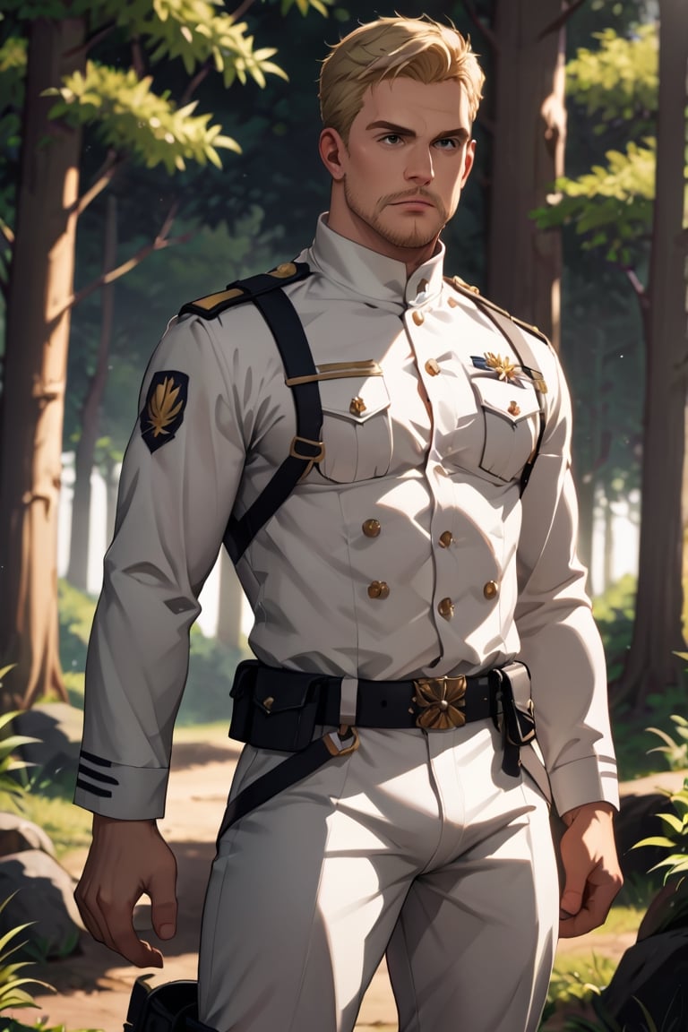 score_9, score_8_up, score_7_up, solo male, Reiner Braun, blond hair, short hair, flat hair, facial hair, stubble, hazel eyes, perfect eyes, perfect mouth, (white Marley soldier uniform), (pure white high collar uniform, half unbuttoned uniform, simple military rank slide:1.4), (black wide suspender strap, black suspender belt:1.4), grey-green undershirt, simple collar patch, white pants, black combat boots, handsome, charming, alluring, standing, full body, cowboy shot, dutch angle, forest, perfect anatomy, perfect proportions, best quality, masterpiece, high_resolution