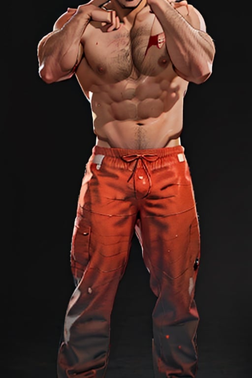 David King, black hair, stubble, dark color eyes, handsome, charming, alluring, rugged, topless, shirtless, red wool trousers, white hand wraps, (short hair, crewcut, flattop:1.2. low hair:1.2), scars on face, weathered, wounds, blood, (standing, boxer pose), (full body in frame), simple background, black background, fog, dark atmosphere, perfect light, perfect anatomy, perfect proportions, perfect perspective, 8k, HQ, (best quality:1.5, hyperrealistic:1.5, photorealistic:1.4, madly detailed CG unity 8k wallpaper:1.5, masterpiece:1.3, madly detailed photo:1.2), (hyper-realistic lifelike texture:1.4, realistic eyes:1.2), picture-perfect face, perfect eye pupil, detailed eyes, realistic, HD, UHD, (front view:1.2), portrait, looking at viewer, perfecteyes, mature