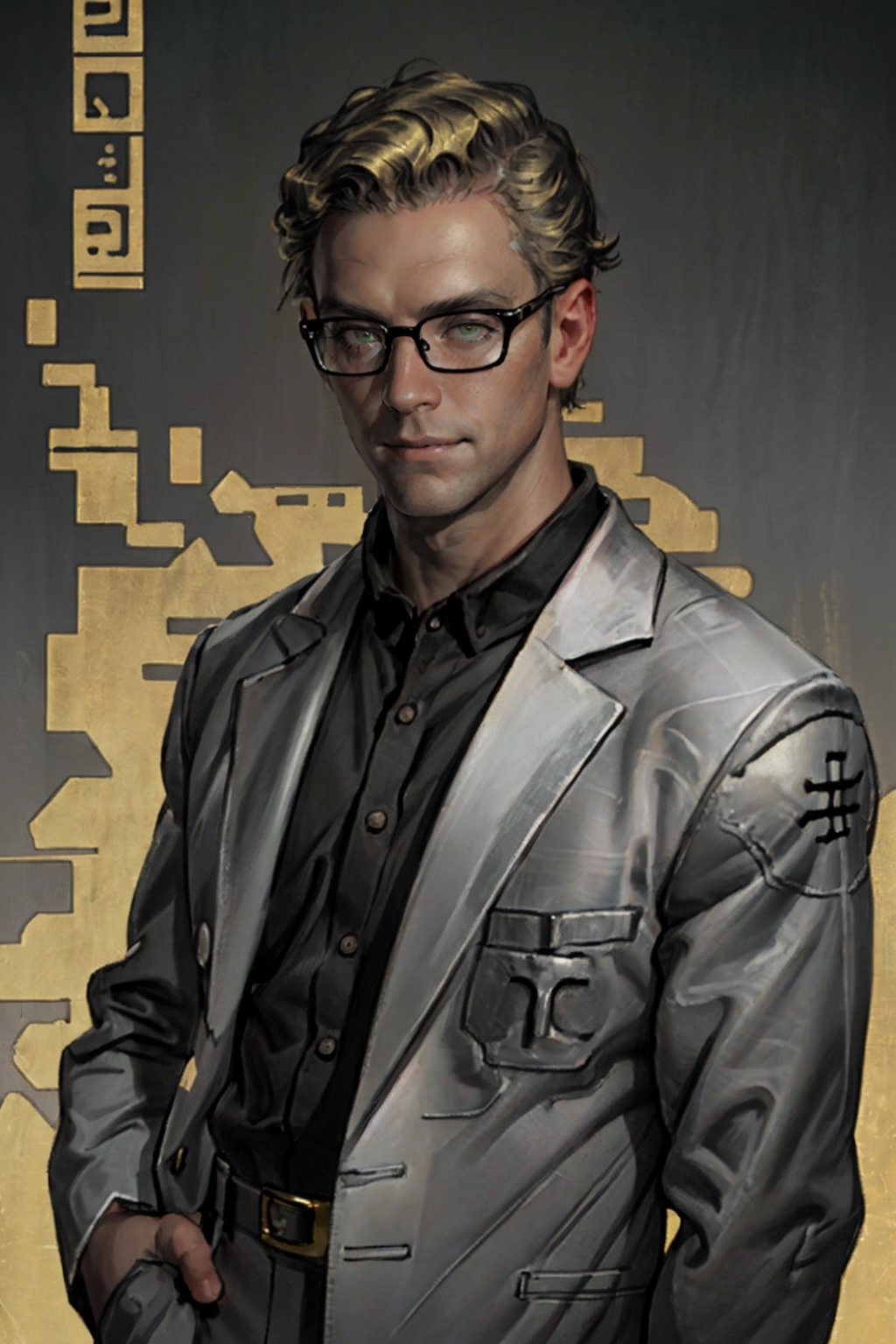 (1 image only), solo male, Arcade Gannon, green eyes, blond hair, short hair, bare forehead, (black glasses1.2), (pure ight-grey collared shirt:1.2, open white lab coat:1.2), (tucked-in shirts), mature, manly, hunk, masculine, virile, confidence, charming, alluring, slight smile, standing, upper body in frame, (1920s artdeco style luxury black and gold pattern background:1.2), perfect anatomy, perfect proportions, 8k, HQ, (best quality:1.5, hyperrealistic:1.5, photorealistic:1.4, madly detailed CG unity 8k wallpaper:1.5, masterpiece:1.3, madly detailed photo:1.2), (hyper-realistic lifelike texture:1.4, realistic eyes:1.2), picture-perfect face, perfect eye pupil, detailed eyes,perfecteyes