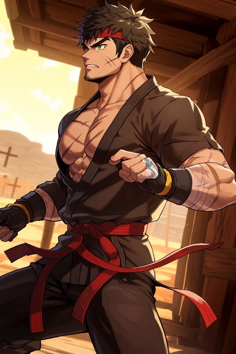 solo male, Grappler, Dungeon Fighter Online, black hair, short hair, brown eyes, thick eyebrows, forked eyebrows, stubble, green eyes, scars on face, scar on cheek, scar on chest, pectorals, pectoral cleavage, rn black dougi, black pants, red martial arts belt, yellow fingerless gloves, barefoot, bandaged hand, toned male, mature, handsome, charming, alluring, serious, fighting stance, upper body, perfect anatomy, perfect proportions, ((perfect eyes, perfect, parfect fingers)), best quality, masterpiece, high_resolution, dutch angle, cowboy shot, photo background, (looking outside, side view)