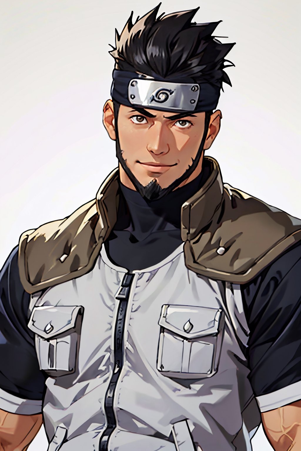 Asuma Sarutobi, Japanese, brown eyes, olive skin, short black spiky hair, beard on chin and cheekbone, (shaved philtrum, hairless philtrum:1.3), lsaid-back individual, dashing, smile, shinobi sandals, forehead protector, clothing, wore a white short-sleeved shirt with a blue and black collar over chain-mail armour, along with a simple white vest, a pair of black pants, simple background, fit body, handsome, charming, alluring, intense gaze, (standing), (upper body in frame), perfect light, only1 image, perfect anatomy, perfect proportions, perfect perspective, 8k, HQ, (best quality:1.2, hyperrealistic:1.2, photorealistic:1.2, madly detailed CG unity 8k wallpaper:1.2, masterpiece:1.2, madly detailed photo:1.2), (hyper-realistic lifelike texture:1.2, realistic eyes:1.2), picture-perfect face, perfect eye pupil, detailed eyes, realistic, HD, UHD, front view:, portrait