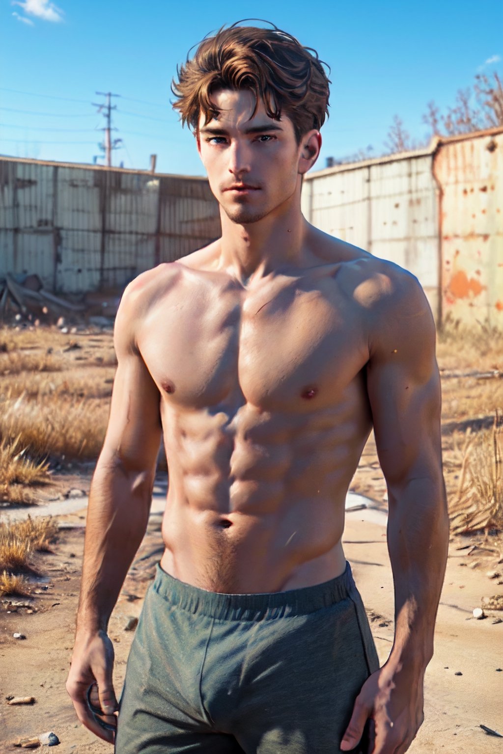 Robert MacCready, blue eyes, light brown hair, (facial hair), (complete topless, shirtless, bottomless, nude:1.5), fit body, handsome, charming, alluring, shy, erotic, dashing, intense gaze, (standing), (upper body in frame), ruined overhead interstate, Fallout 4 location, post-apocalyptic ruins, desolated landscape, dark blue sky, polarising filter, perfect light, only1 image, perfect anatomy, perfect proportions, perfect perspective, 8k, HQ, (best quality:1.2, hyperrealistic:1.2, photorealistic:1.2, madly detailed CG unity 8k wallpaper:1.2, masterpiece:1.2, madly detailed photo:1.2), (hyper-realistic lifelike texture:1.2, realistic eyes:1.2), picture-perfect face, perfect eye pupil, detailed eyes, realistic, HD, UHD, s0ftabs, (bare arms, bare shoulders, bare chest, bare neck:1.5), dutch_angle, side_view , VPL