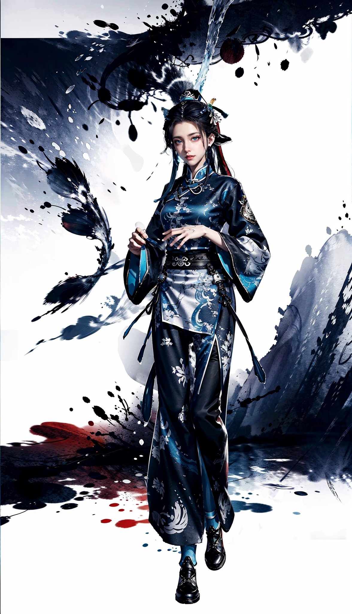 8k, (absurdres, highres, ultra detailed), (1 girl:1.3), EpicArt,Chinese ink paint, ((colorful water inkSpot)) ,black and white,Chinese style, burgundy-blue theme, full body,chinese_clothes,ink splash,