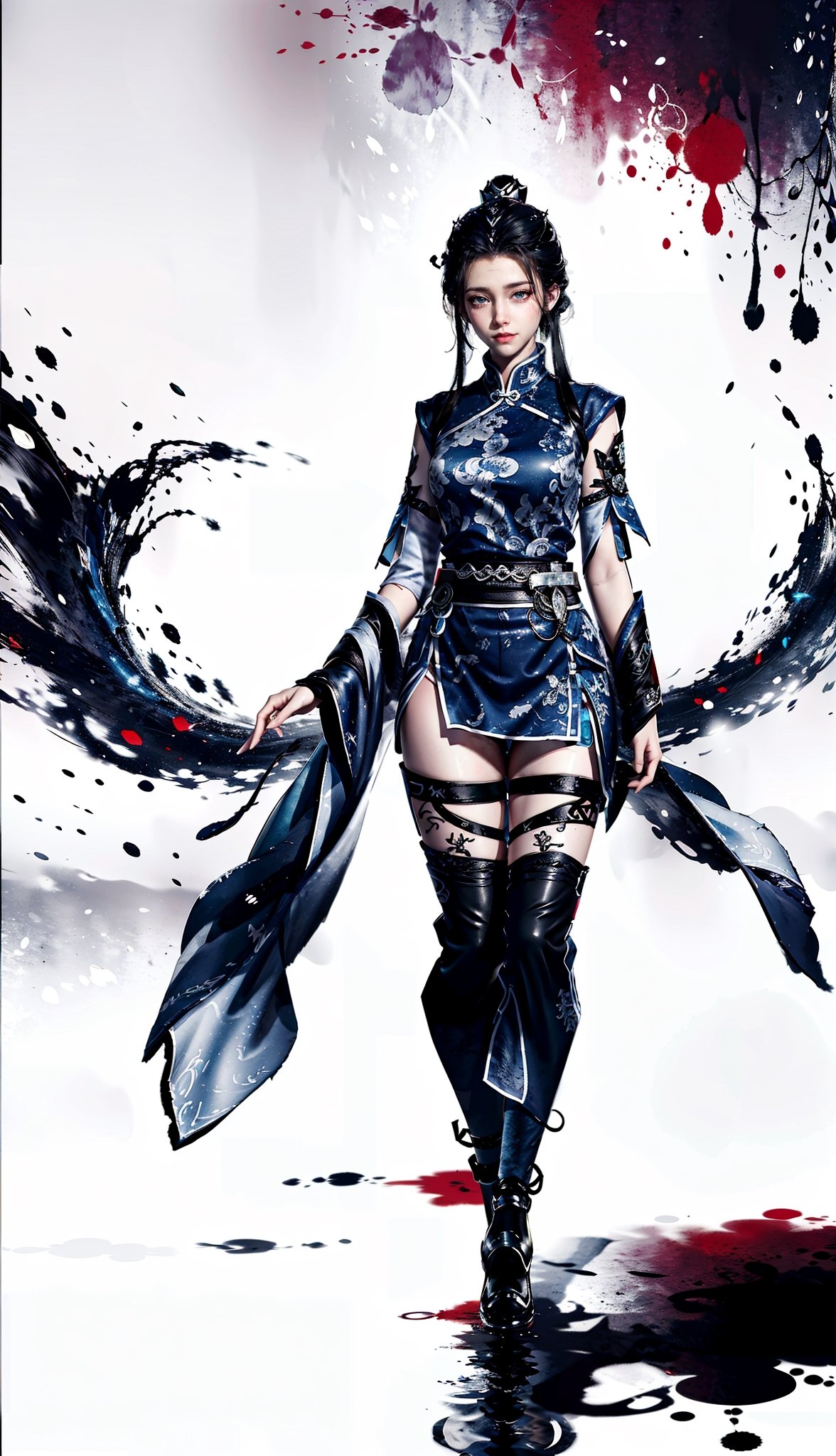 8k, (absurdres, highres, ultra detailed), (1 girl:1.3), EpicArt,Chinese ink paint, ((colorful water inkSpot)) ,black and white,Chinese style, burgundy-blue theme, full body,chinese_clothes,ink splash,show legs,