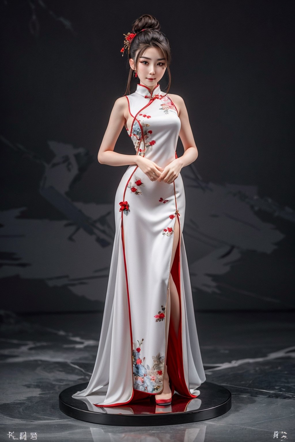 a beautiful chinese woman wearing traditional Cheongsam dress,  full body,  Chinese garden as background,  blue or red and white contrast,   centered,  dynamic pose,  extremely detailed,  sharp focus,    cross legs, Hand-held Red_envelope