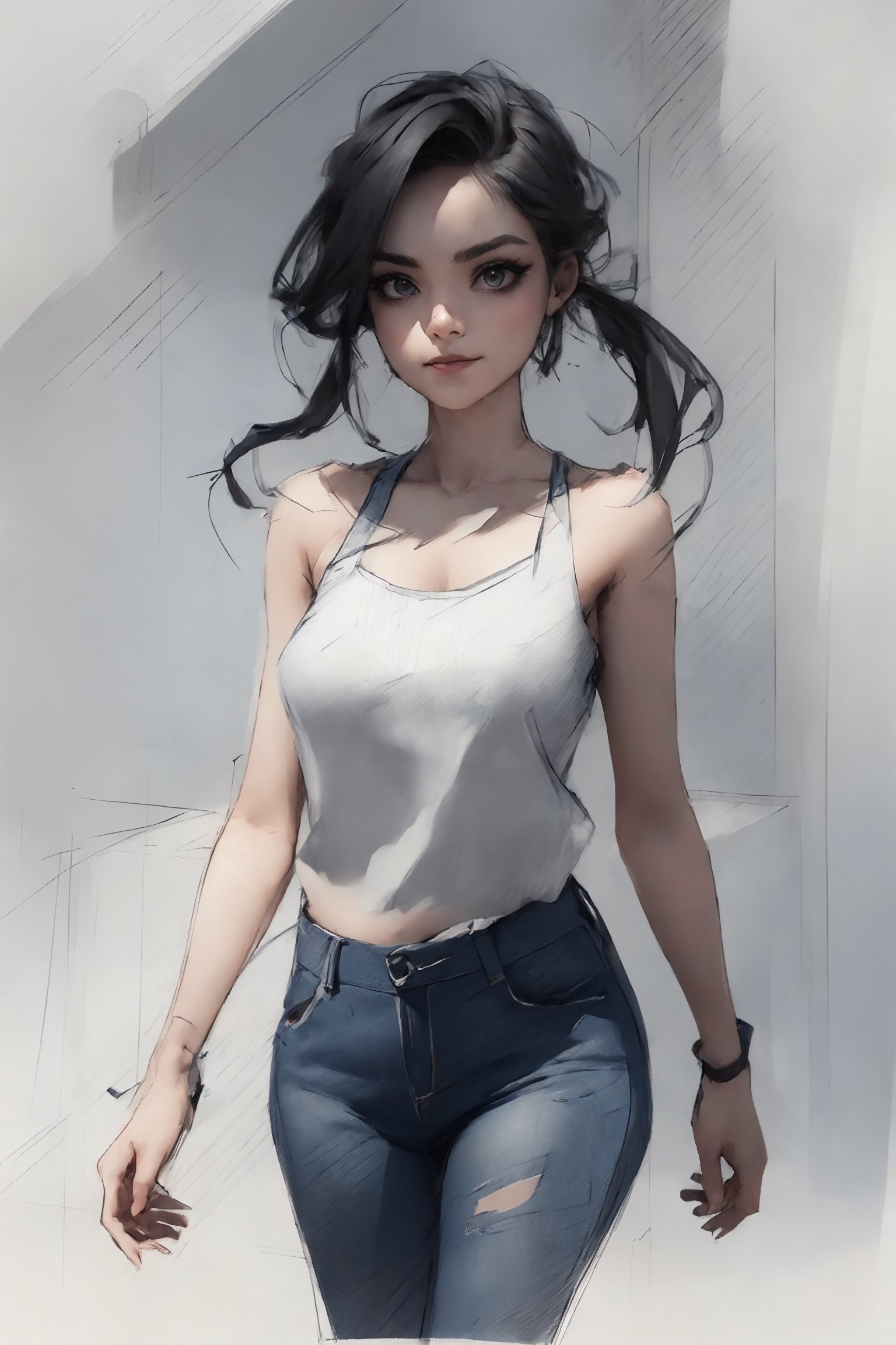 a beautiful woman, walking towards the camera, she has dark hair, she has twin tails hair style, she is wearing black distressed jeans, pencil sketch style (((sketch))),pencil drawing