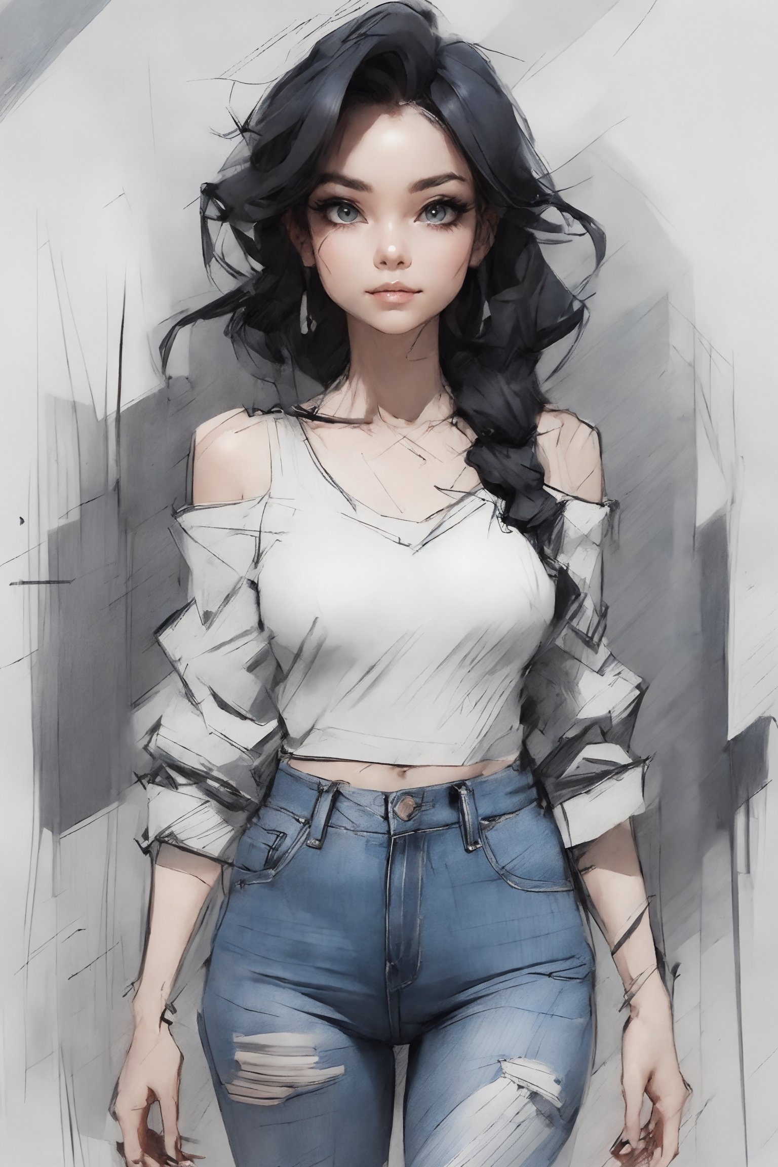 a beautiful woman, walking towards the camera, she has dark hair, she has twin tails hair style, she is wearing black distressed jeans, pencil sketch style (((sketch))),pencil drawing