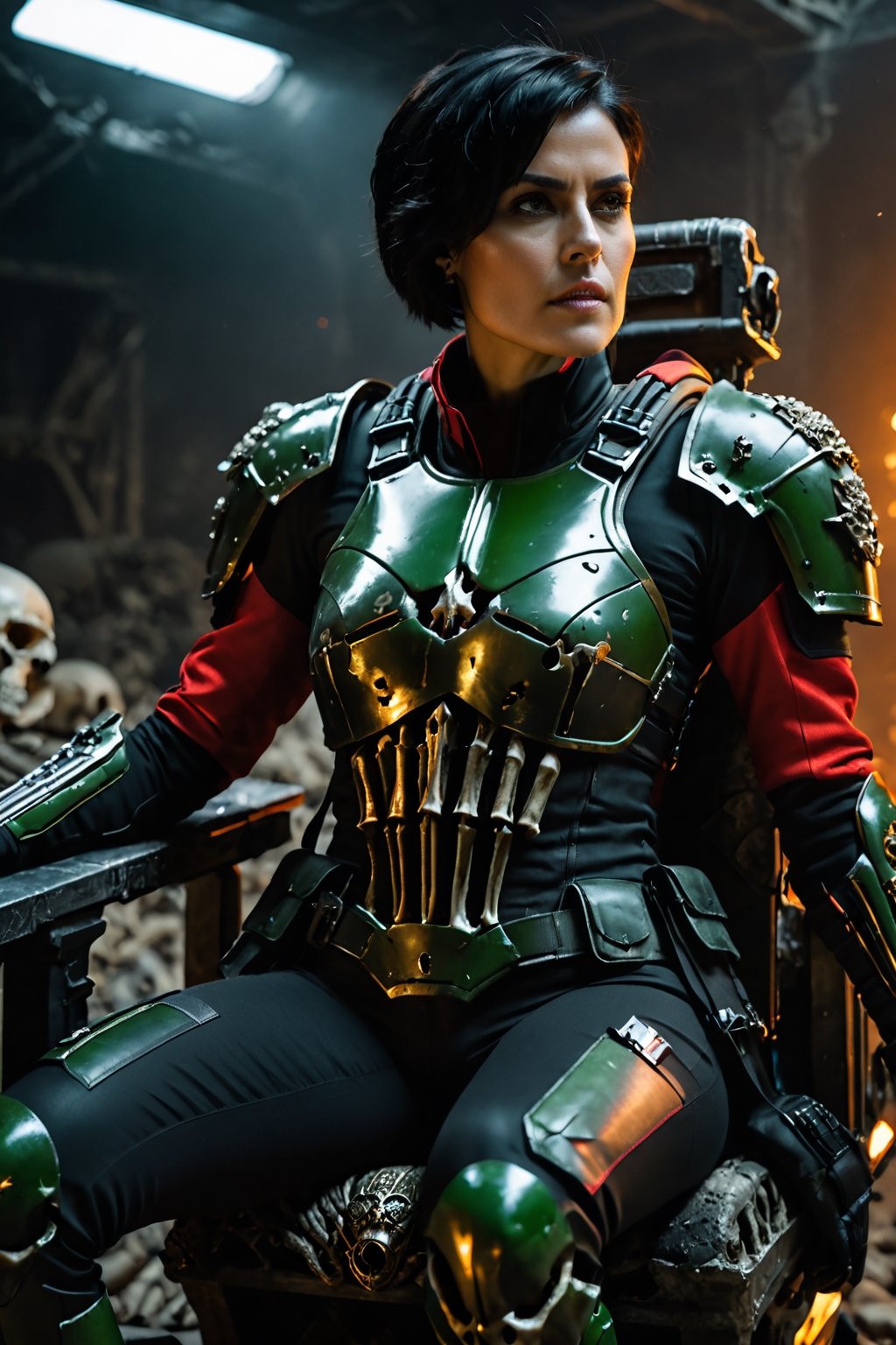 Masterpiece, ultra detailed, beautiful, high quality (Cinematic photo, panoramic, wide angle camera, 8k, high definition, heroic shot) a woman, 30 years old, athletic, sexy body, short black hair, threatening green eyes, expression of arrogance, she wears a red special forces soldier's suit, she is sitting on an ostentatious throne made of bones and skulls, the background is dark and gloomy (heroic lighting)