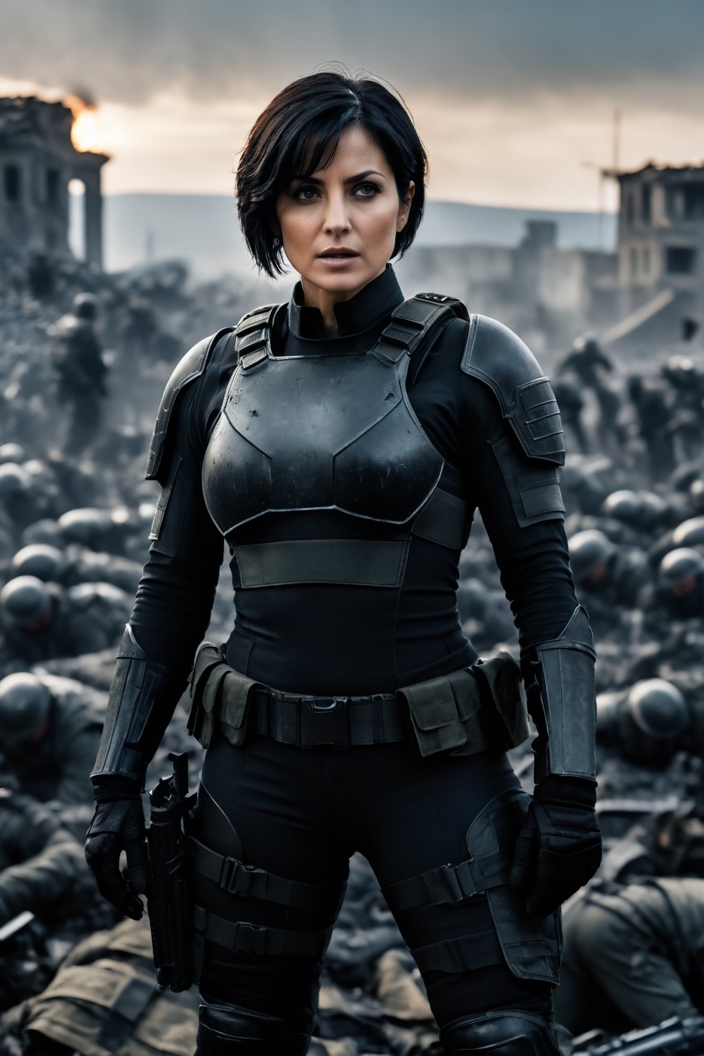 Masterpiece, ultra detailed, beautiful, high quality (Cinematic photo, panoramic, wide angle camera, 8k, high definition, heroic shot) a woman, 30 years old, athletic, sexy body, short black hair, threatening black eyes, expression of arrogance, he wears a tight black special forces soldier suit, he is standing on a pile of corpses of dead soldiers, the background is a destroyed and dark city (heroic lighting)