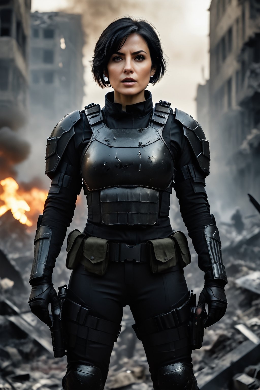Masterpiece, ultra detailed, beautiful, high quality (Cinematic photo, panoramic, wide angle camera, 8k, high definition, heroic shot) a woman, 30 years old, athletic, sexy body, short black hair, threatening black eyes, expression of arrogance, he wears a tight black special forces soldier suit, he is standing on a pile of corpses of dead soldiers, the background is a destroyed and dark city (heroic lighting)