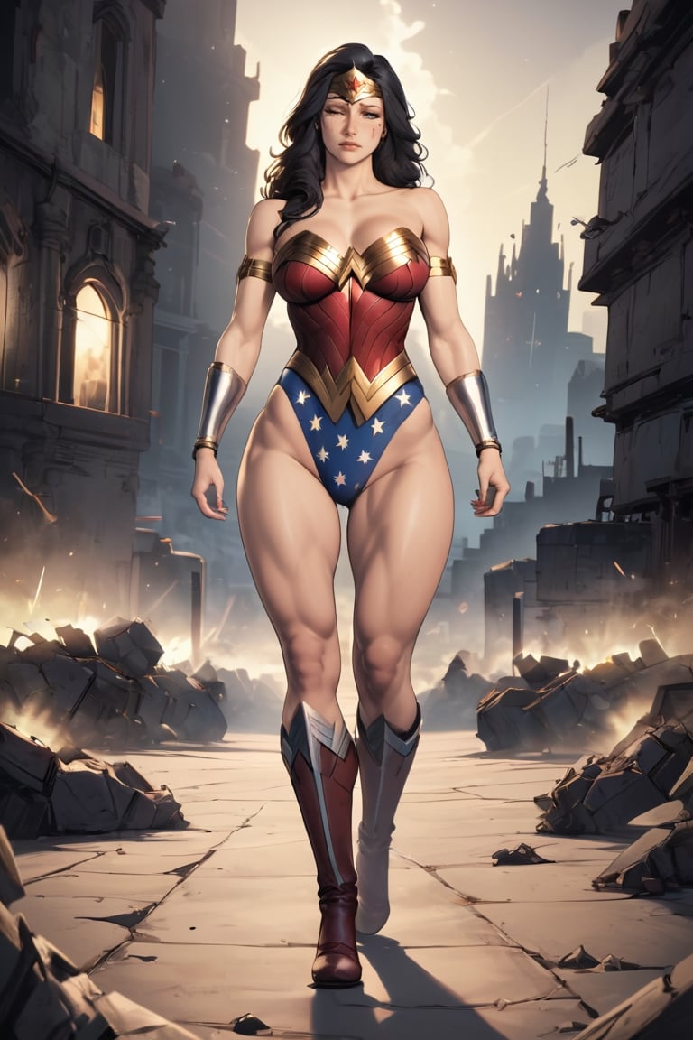 (masterpiece, 4k, ultra detailed, epic, cinematic shot, panoramic, wide angle camera, high definition) a woman, 30 years old, long black hair, athletic body, Wonder Woman costume, worn, battle wounds on the body, face of bravery, walking on the streets of a city at night, among many bodies of people on the ground, destruction everywhere, sad colored lighting, grey, black, brown, discouraging surroundings