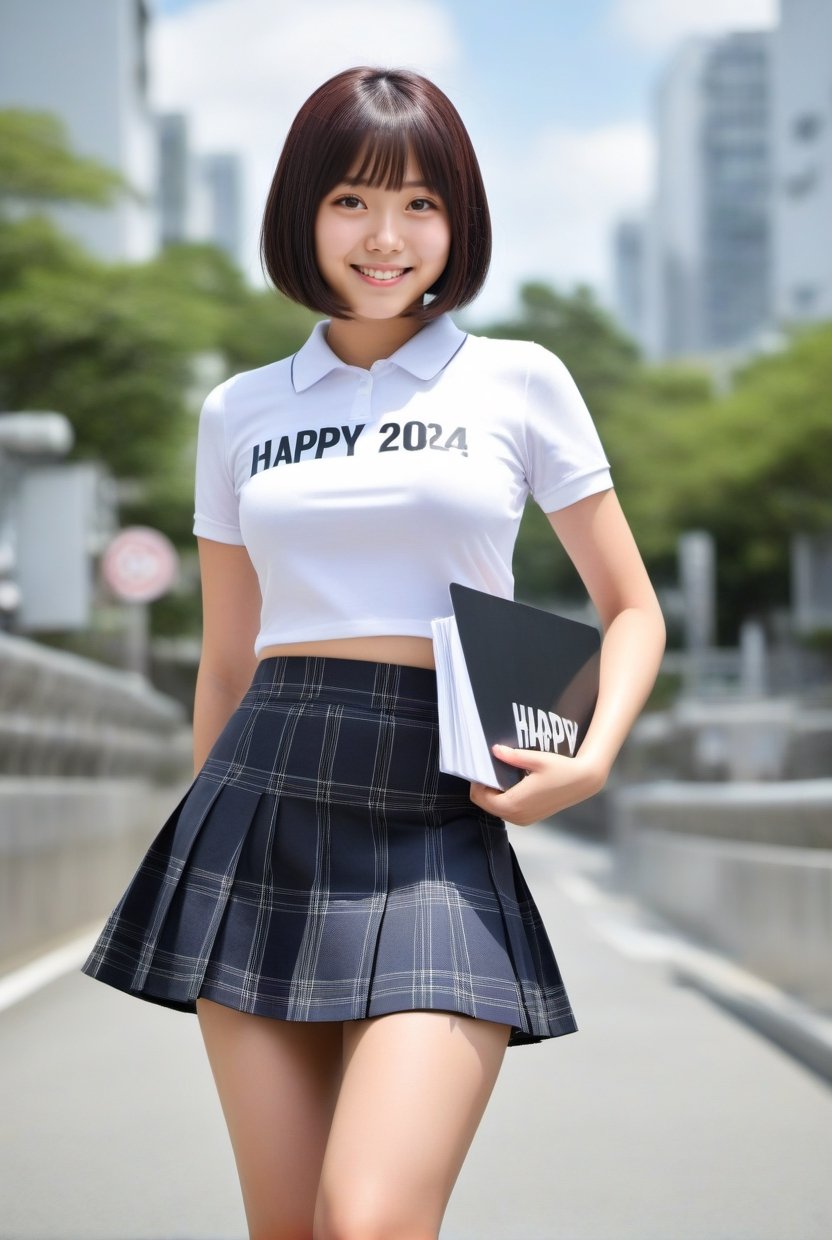 ((Natural Portrait)), (Top Quality, Masterpiece), Realistic, Ultra High Resolution, Complex Details, Exquisite Details and Texture, Realistic, Beauty, (lower body:1.2), (from below:1.2), photo of a Top model Japanese schoolgirl, black short bob, head tilt, (((gigantic breasts))), (((micro mini skirt))),

holding a sign, text "Happy_2024"  text , Text,LinkGirl,kyoshitsu