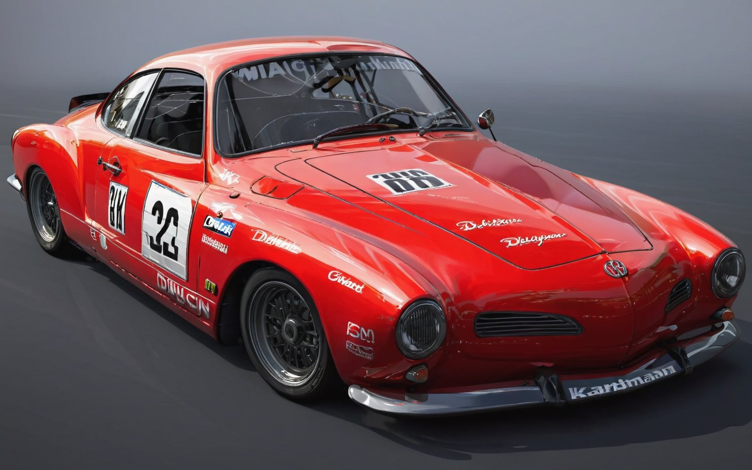 VW Karmann Ghia, World Touring Car Championship, WTCC, Deutsche Tourenwagen Masters, DTM, Nürburgring, 
(full body:1.3), from bellow, high quality skin texture rendering, curved body, masterpiece, 8k, high resolution, hyperrealism, hyper realistic, 