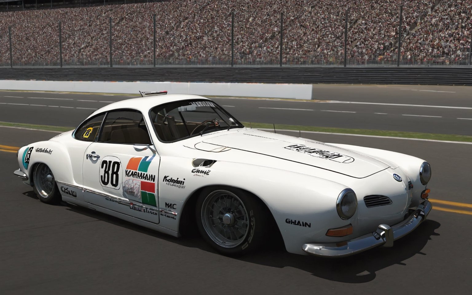 VW Karmann Ghia, World Touring Car Championship, WTCC, Deutsche Tourenwagen Masters, DTM,
(full body:1.3), from bellow, high quality skin texture rendering, curved body, masterpiece, 8k, high resolution, hyperrealism, hyper realistic,  ,StdGBRedmAF