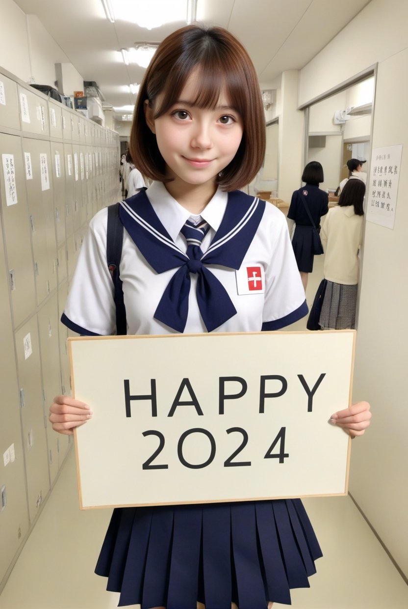 ((Natural Portrait)), (Top Quality, Masterpiece), Realistic, Ultra High Resolution, Complex Details, Exquisite Details and Texture, Realistic, Beauty, viewed_from_below, photo of a Top model Japanese schoolgirl, short bob, head tilt, (((gigantic breasts))), (((schoolgirl uniform))),

holding a sign, text "Happy_2024"  text , Text,LinkGirl,kyoshitsu