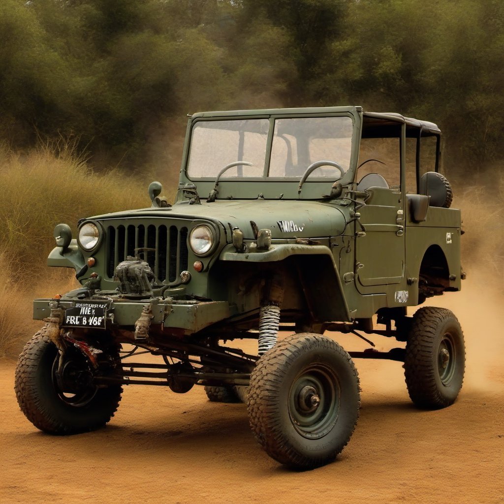 (Top Quality, Masterpiece), Realistic, Ultra High Resolution, Complex Details, Exquisite Details and Texture, Realistic, 
WILLYS JEEP, (Wild Willy:1.5), (wheelie:2.0), (front wheels are off the ground:2.0),3d,LandCruiser40,madgod,stop motion,Leonardo Style