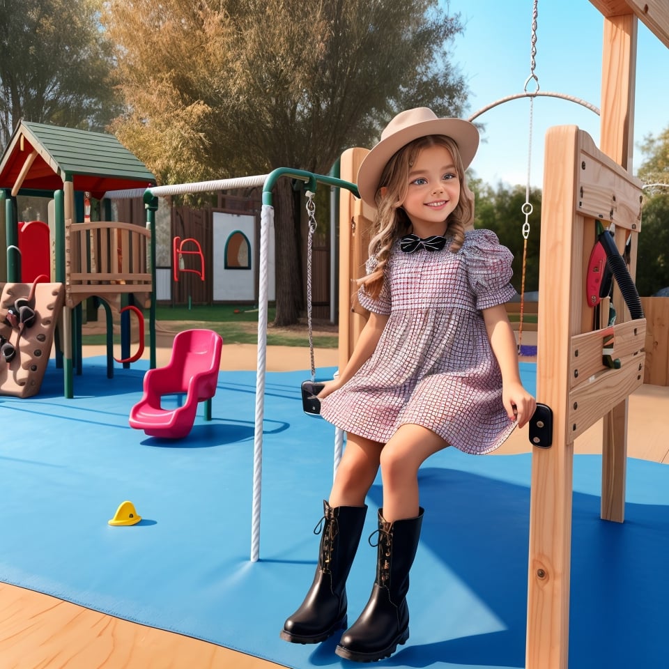AIDA_LoRA_apv2020, cute little girl, beautiful, Anna Pavaga, wearing summer dress, boots, playing on playground, beside swingset, next to play equipment, high resolution, masterpiece, photography