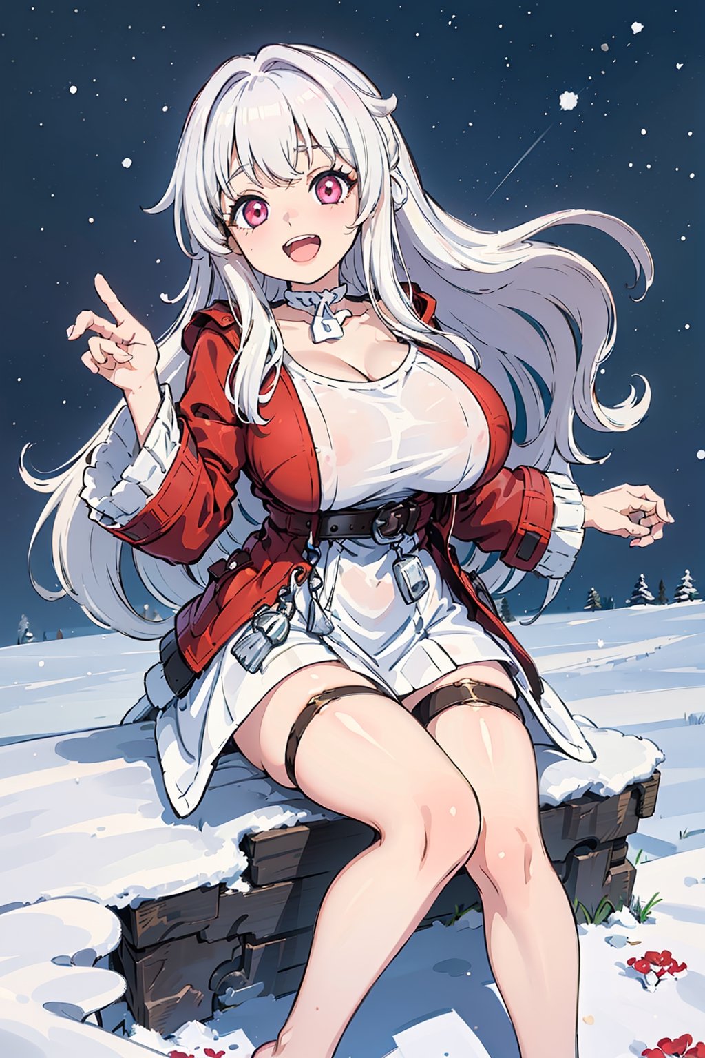 (masterpiece), best quality, perfect face, expressive eyes, young, (loli:1.2), large eyes, (huge breasts:1.2), smile, happy, open mouth, (happy pose:1.2), snowy village, clara, white hair, long hair, pink eyes, bare_feet, hair intakes, white choker, thigh strap, red jacket, red coat, white dress, oppai_loli