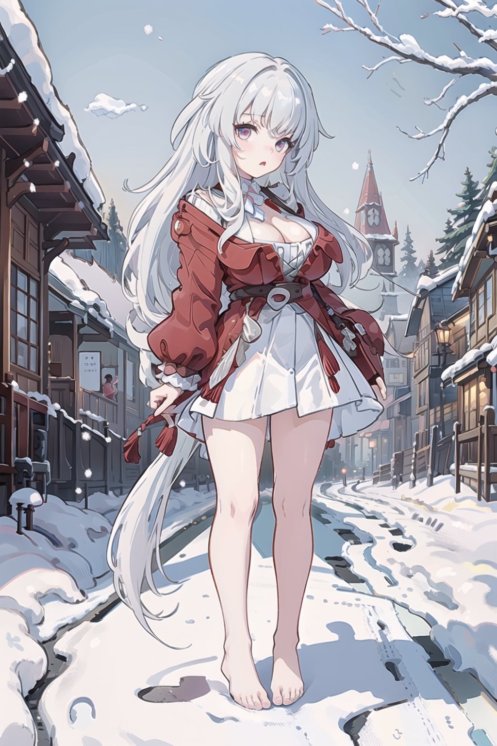 (masterpiece), best quality, perfect face, expressive eyes, young, (loli:1.2), large eyes, (huge breasts:1.2), (standing:1.2), snowy village, oppai_loli, clara, honkai_star_rail, bare_feet, 